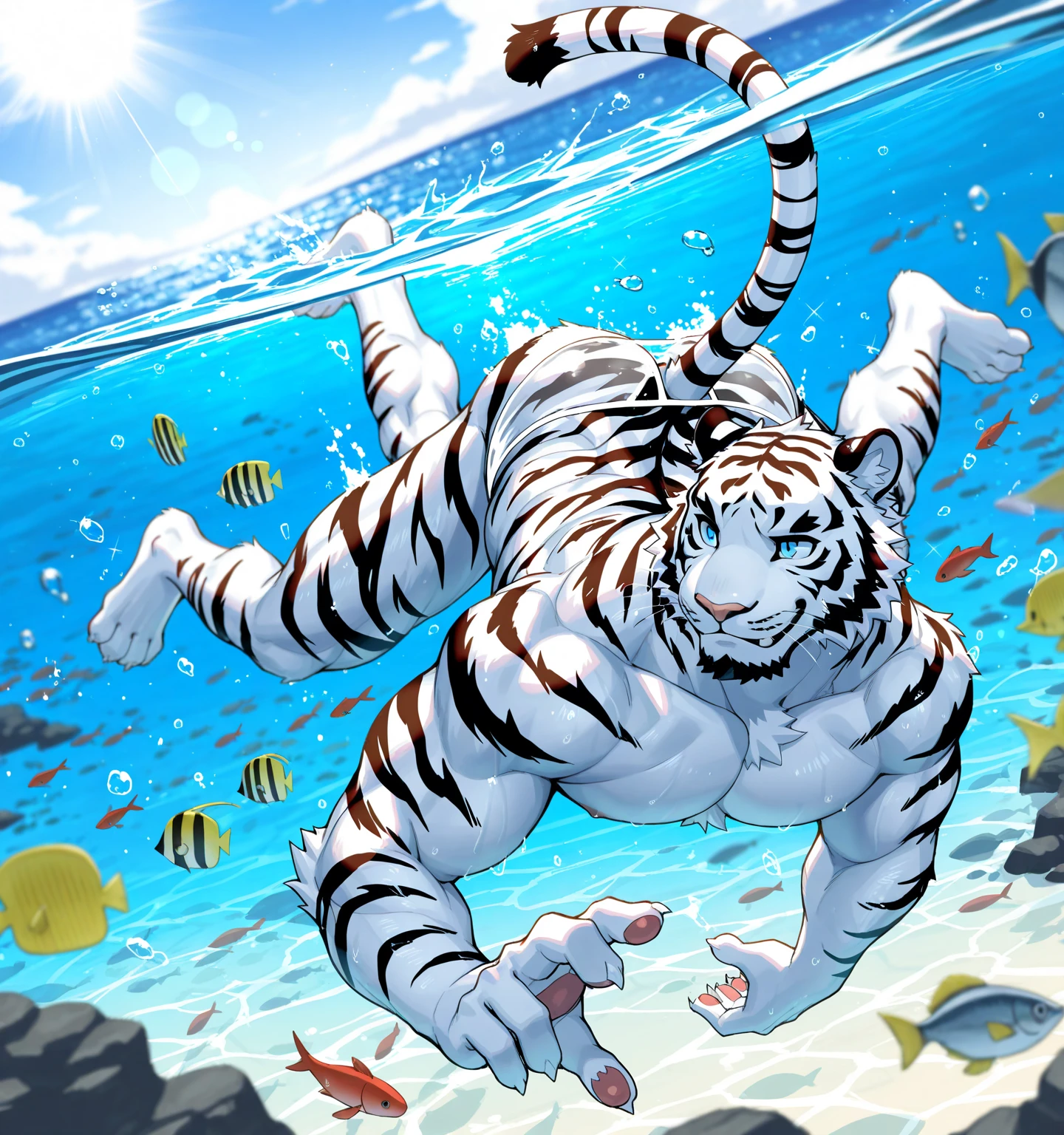 Furry,solo,swiming,sport,sunny,sky,Happy,cute,Age not more than 13 years age ,teenager, A bear with white fur and brown stripes on its body.,brown eyes, brown eyebrows, brown , , Smiling faces,wear swim briefs,(Maximum fineness,Dynamic HDR,8K)