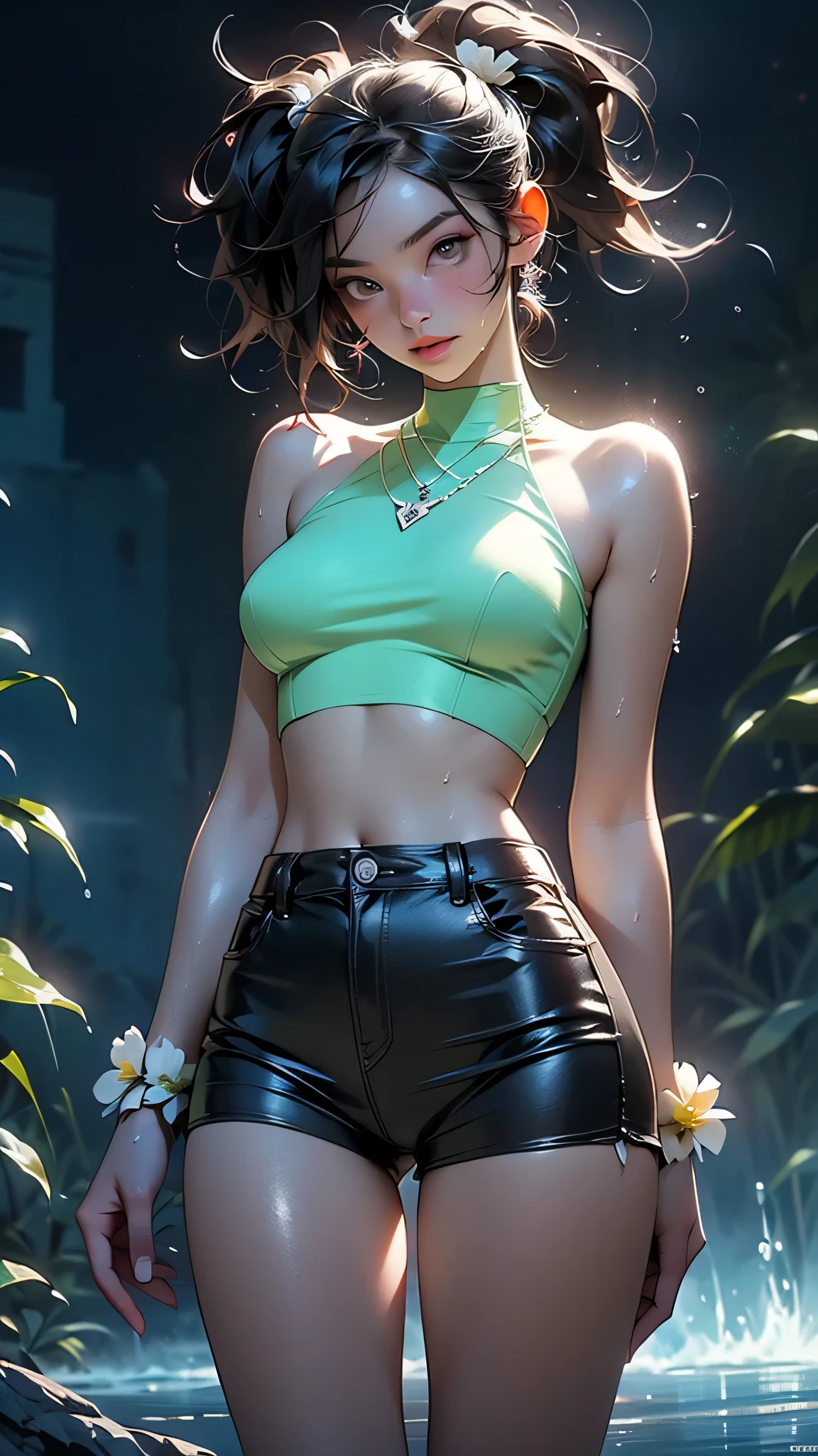 (masterpiece, best quality, supeior quality, intricate details, beautiful, aesthetic:1.2), extremely detailed cg unity 8k wallpaper, sharp focus, high quality, 8k, RAW, ultra details, extremely dellicate and beautiful, real shadow, (challenging look), photorealistic, highly detailed painting, award winning painting, marvelous painting, artistic style, stylized, 1girl, armlet, bare shoulders, red eyes, bracelet, large breasts, crop top, earrings, fairy, fairy wings, forest, greek, jack-o'-lantern, jewelry, lantern, lips, long hair, long skirt, looking at viewer, medium breasts, midriff, nature, navel, night, outdoors, purple hair, solo, standing, tree, white skirt, fairy wings