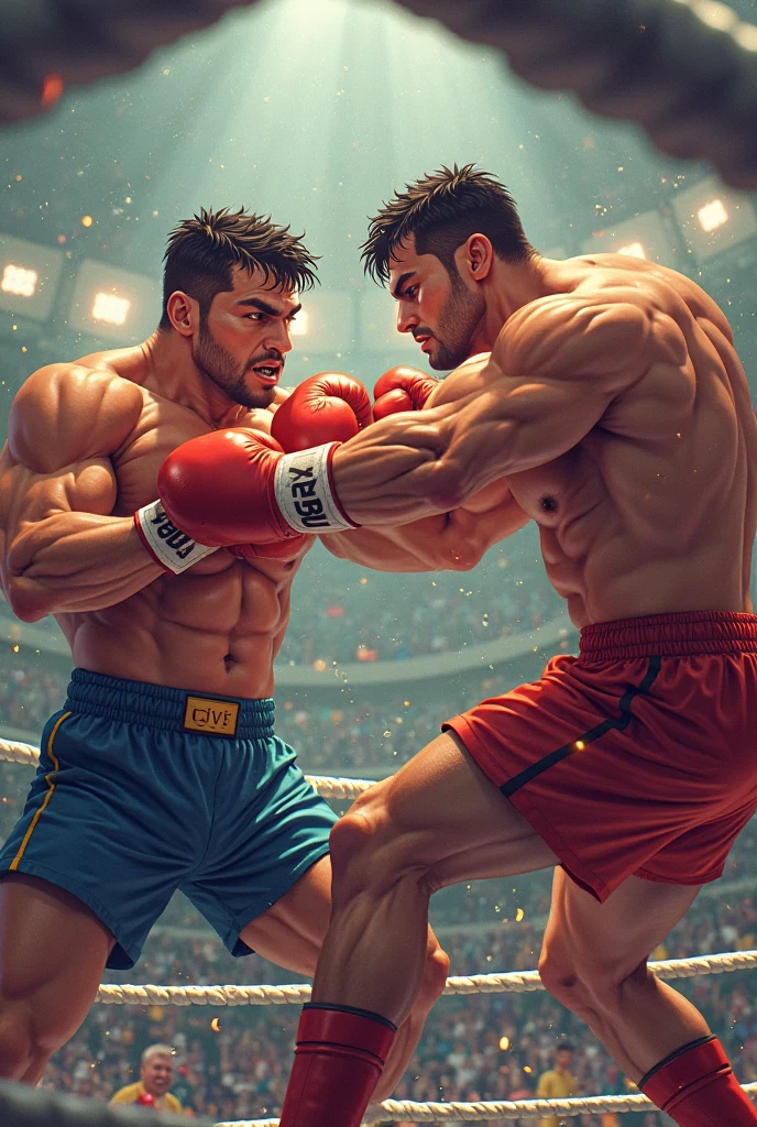 sexy mature daddy,stephen amell ,dark blond hair, stubble,beard and sexy moustache ,muscular , best quality, masterpiece, ultra high resolution, Detailed background illustration, single, muscles, Volumetric lighting, depth of field, beard, flow,wearing a boxing short , shirtless showing hard nipples , huge bulge, boxing gloves ,, martial artist, flow sweat, short dark blond hair, perfect eyes, barefoot, Boxing pose in the ring punching the opponent in disequilibrum
