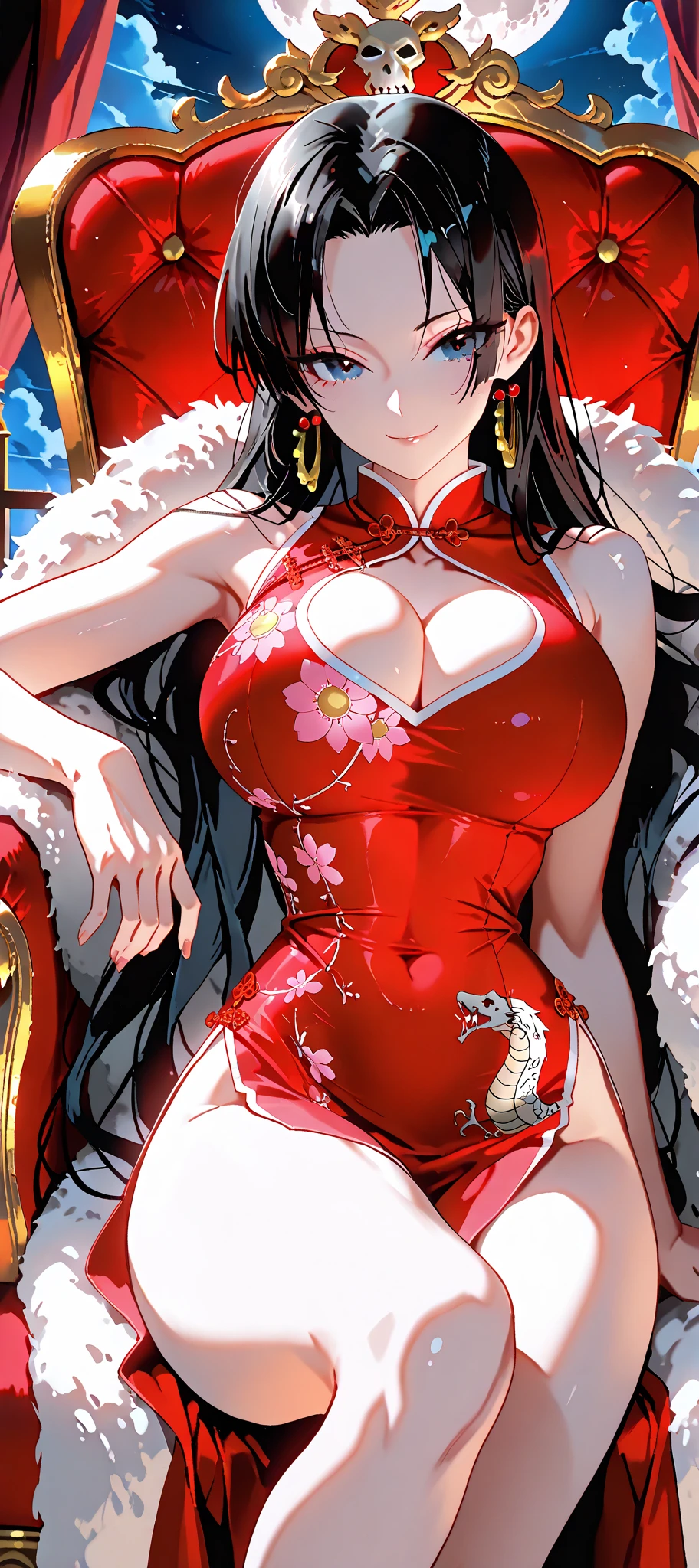 masterpiece, best quality BREAK solo, bangs, bare shoulders, black hair, black panties, black thighhighs, china dress, chinese clothes, cleavage, closed mouth, collarbone, covered navel, cowboy shot, detached sleeves, dress, flower, hair between eyes, hair flower, hair ornament, hand on hip, holding, huge breasts, kcccc, lace trim, long hair, looking at viewer, ofuda, panties, red dress, red eyes, red flower, smile, thighhighs, thighs, underwear, very long hair, white background, parted lips, mature female, <lora:Style_Kcccc:0.8>
