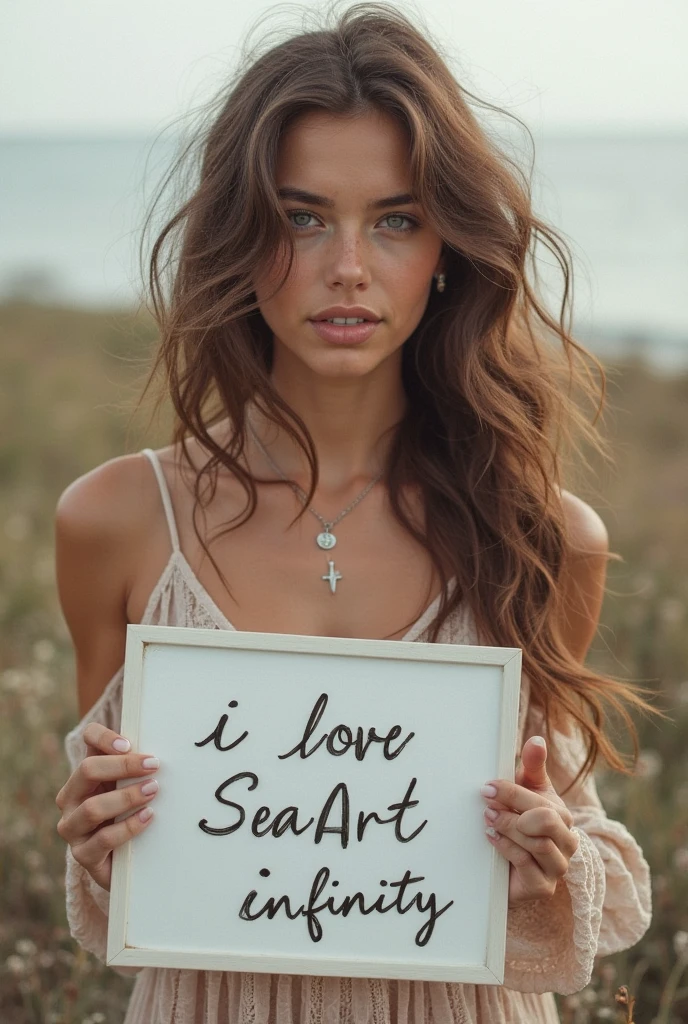 Beautiful girl with wavy long hair, bohemian dress, holding a white board with text "I Love Seaart Infinity" and showing it to the viewer
