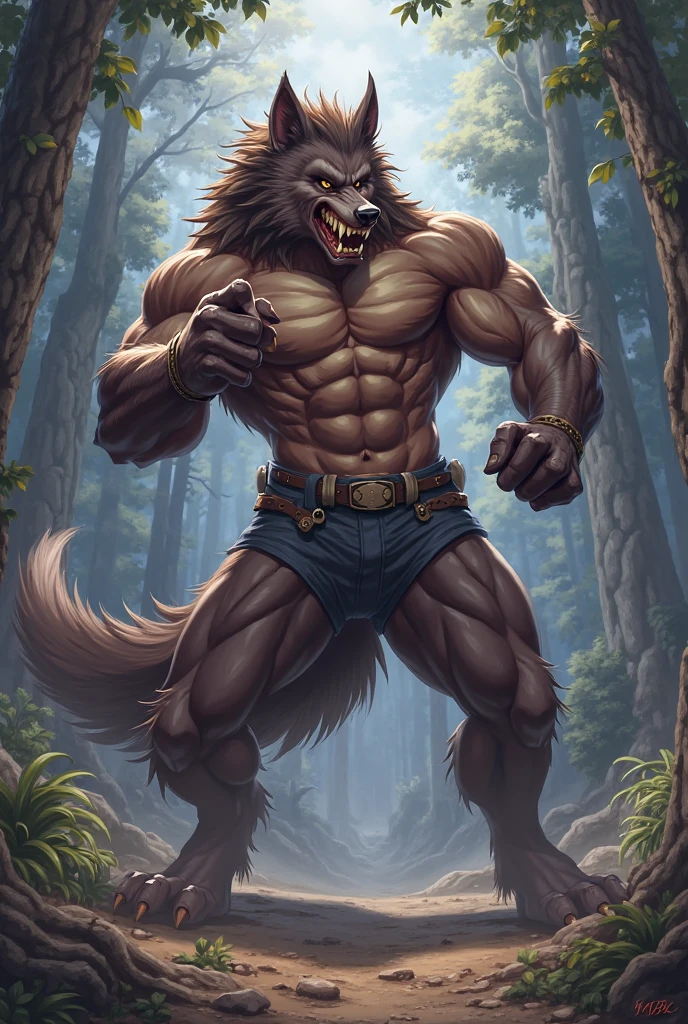 A full body view of a ginger male werewolf wearing clothes that werewolves typically wear.