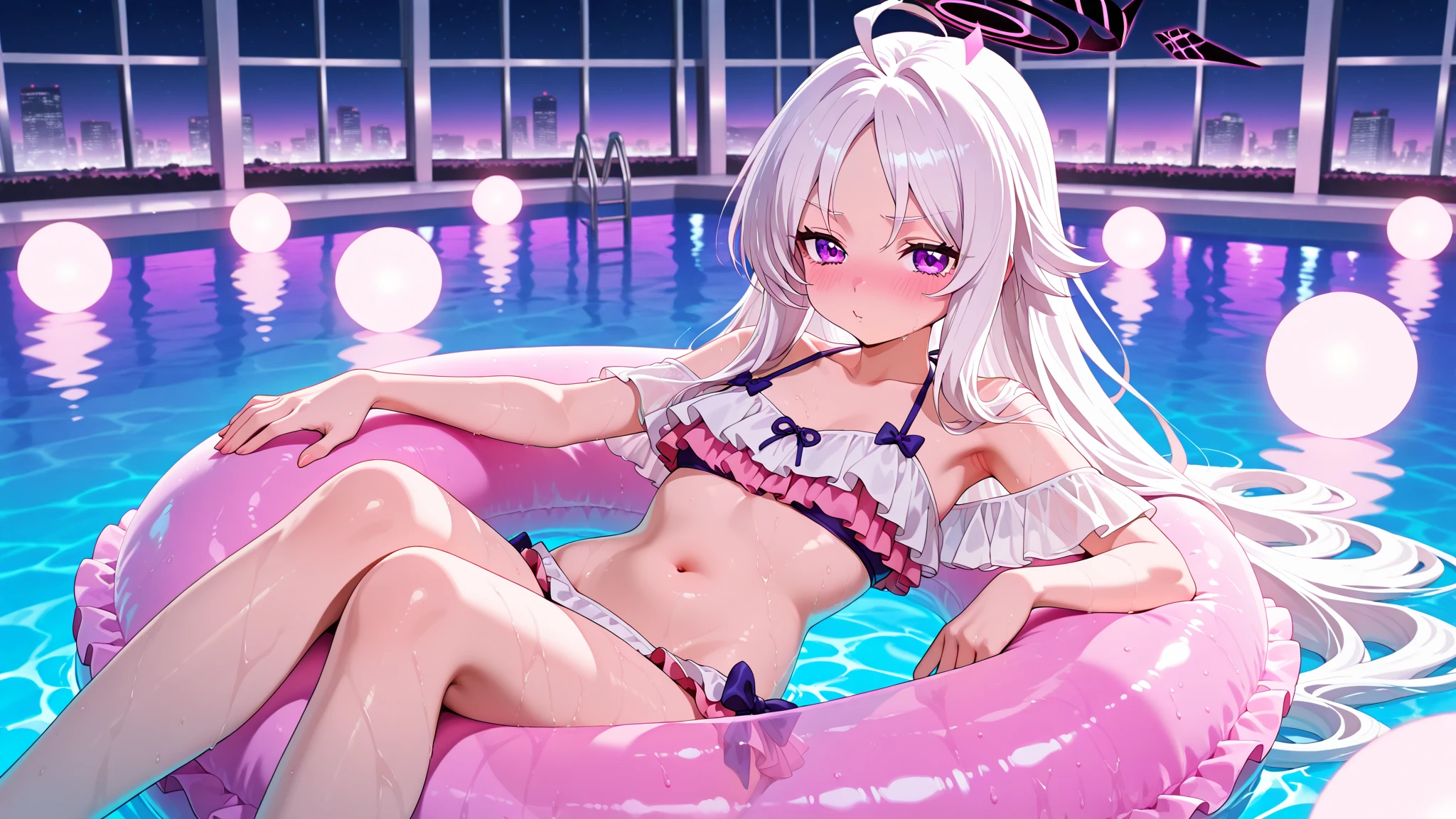 ((masterpiece)), ((best quality)), (ultra-detailed), pool, night, a cute girl, 1girl, solo, bikini, ((beautiful eyes)), smile