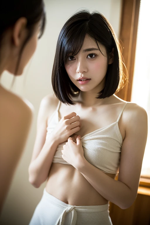 ((top-quality、8K、​masterpiece: 1.erfect Body Beauty: 1.4、Slender Abs: 1.2、Beautiful woman with slender abs:1.3、(Highlight Haircutreast B Cup:1.2), medium breast, round shape breast, perfect shape breast, ((  sexy , sheer , bra strap)), necklace, hyperdetailed face、18year old、 Pretty women、(Dark brown short-cut hair), Slim Face、Highly detailed facial and skin texture、very detailed lips、opens legs、top-quality、​masterpiece、超A high resolution、(Photorealsitic:1.4), walked forward confidently, long shot ,  studio setup, photography steup, light from both side, background,