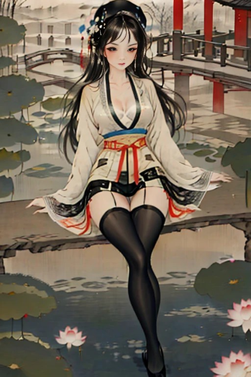 black_pantyhose,,Black and White Ink Painting,1 Girl, 30 years old, tree, stone, sitting on a stone, bare legs, embroidered shoes, Hanfu, undress, big breasts, nipples, cleavage, full body,