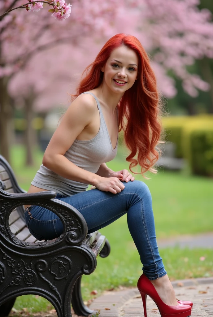 Young woman, redhead, three legs, extra leg, extra legs, sitting in park, crossed legs