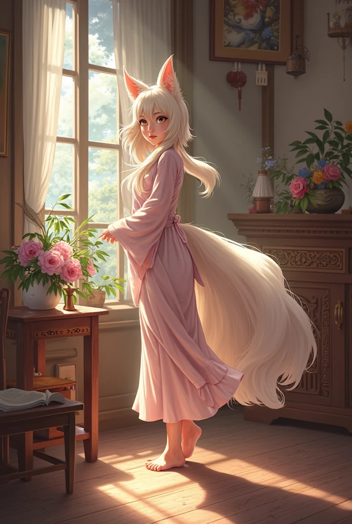 solo:1.2, white wolf girl, detailed purple eyes, long white hair, snout, black nose, wearing a pink dress, leg slit, barefoot, feet paws, four toes, standing in a fancy mansion, by fumiko, by hyattlen,
