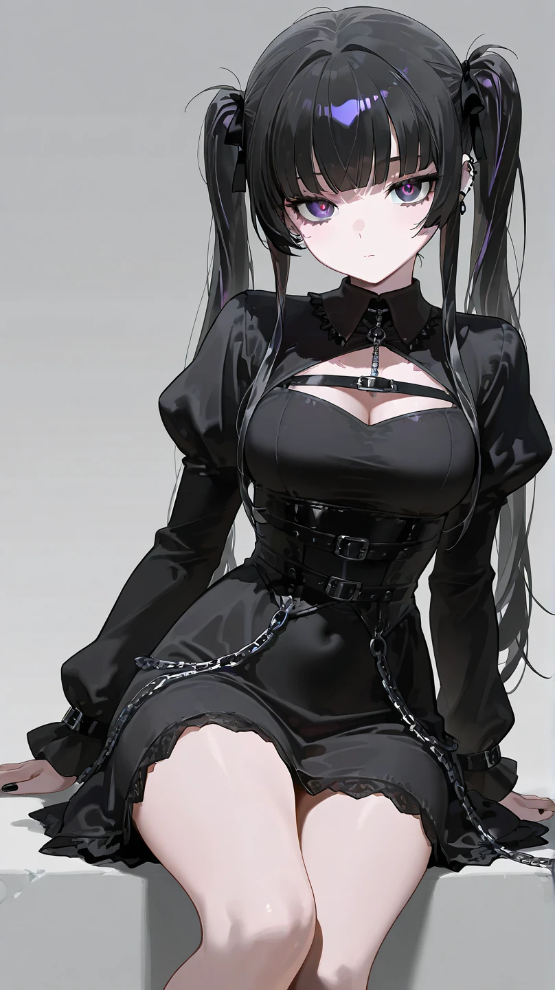 (Kneel on the ground:2.0),Kneeling pose,A blush on the face,Cat-eared female warrior,black suspenders stockings,closeup cleavage, The world of dreams, relic, 废墟,Cat ears,White-colored skin的女孩 , put on collar,Cat-eared girl, White-colored skin, High ponytail details,She wears a tight battle suit and bikini armor,a black cloak,Short white clothes skin color, a purple eye, black color hair, 凌乱的High ponytail details, black suspenders stockings,high-heels,holding a longsword