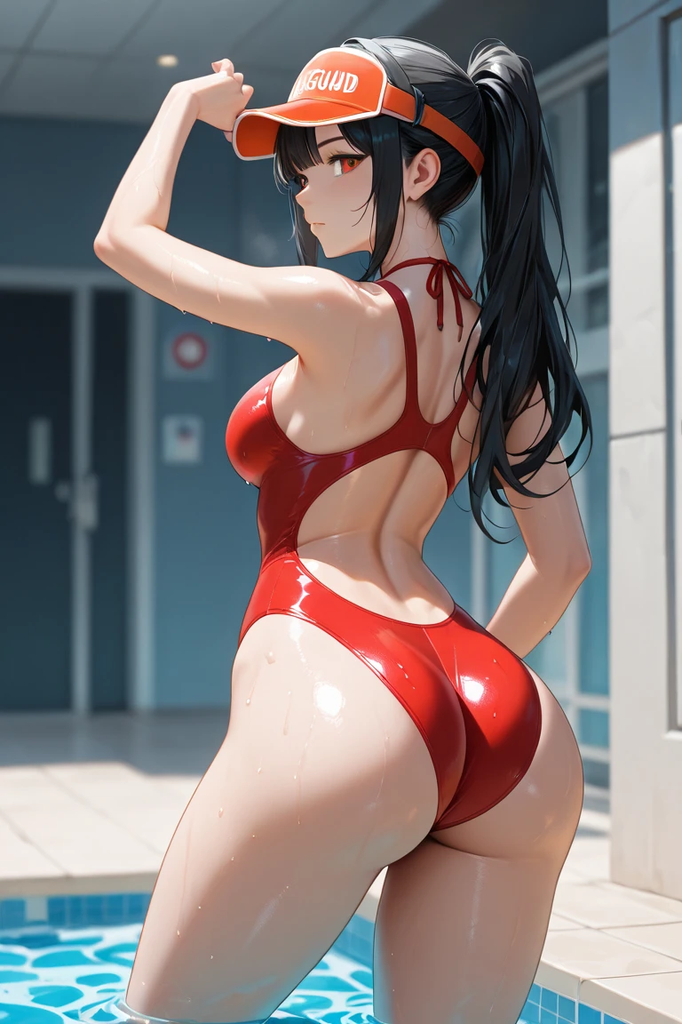 ​masterpiece, top-quality, 1girl in, (full body Esbian), The cloth digs into the crotch, (Brown hair), full of shyness, red blush, (length hair), (swim wears), (Wet swimsuit), (ﾌﾞﾗｼﾞﾘｱﾝswim wears), (cammel toe), (Tight swimsuit), (soaked body), (Dirty swimsuit), (Public swimming pool), (Indoor pool), (Dirty pool), Beautiful breasts、（Competitive swimsuit （White fabric））、 Nipple sheer、Skin-tight swimwear、highleg、（（（spread your legs and lift your butt）））、stick out buttocks、（（（（posterior view））））、turned around、big butts、beautiful ass、Cloth digs into the buttocks、