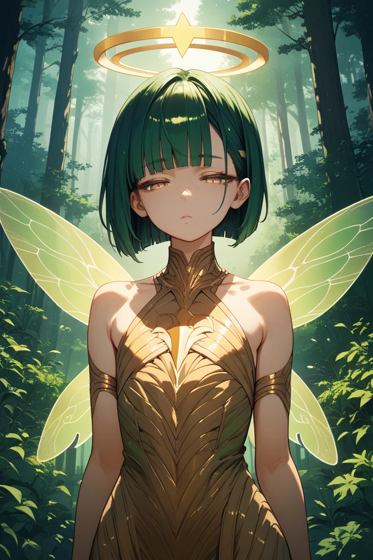 masterpiece, 1 fairy, Flying female fairy, perfect face, Light, glass tree forest, dramatic lie, blindfolded, Super detailed, floating glow Lights, depth of field, (shining dust)
