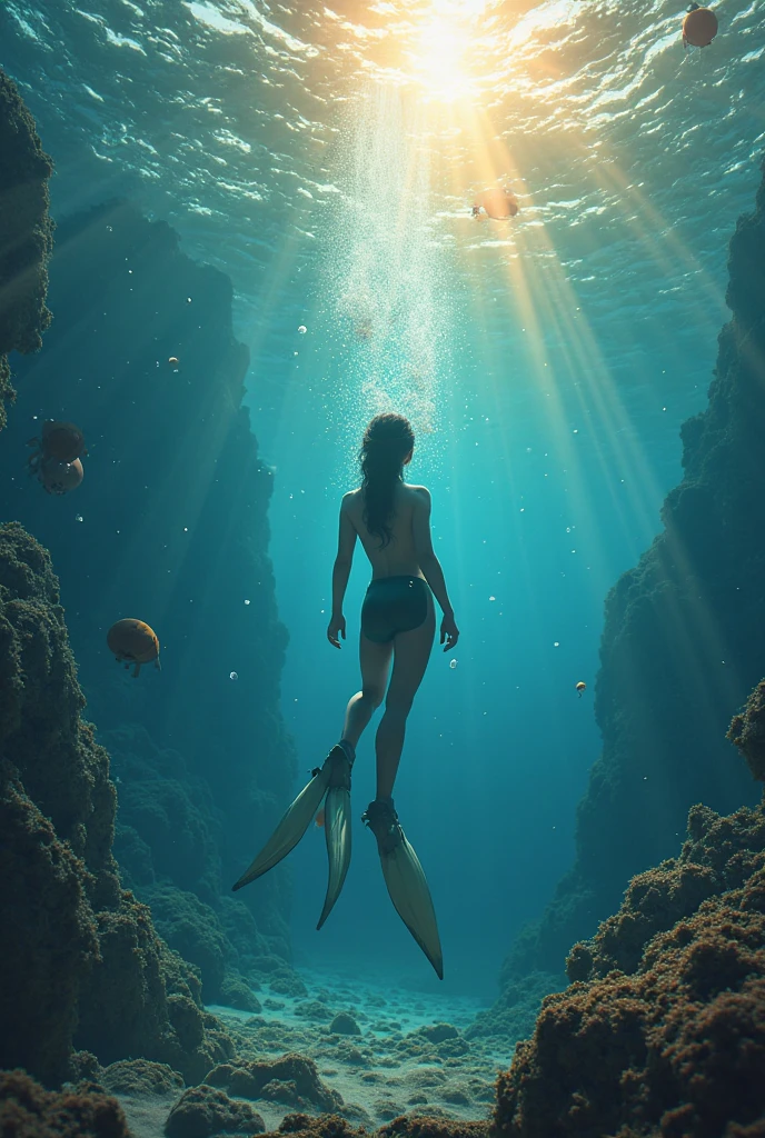 (masterpiece, top quality, best quality, official art, beautiful and aesthetic:1.2), ((busty woman in the sea skinny dipping, underwater with corals and fish)), 