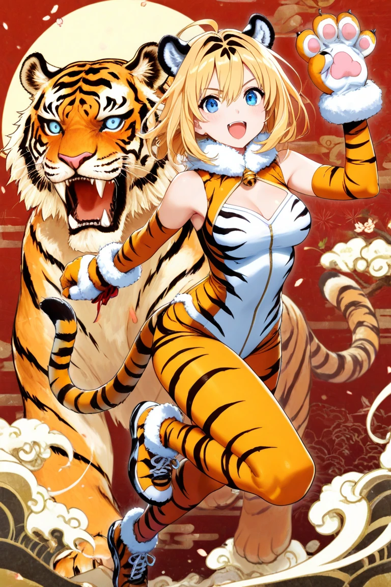 rating_safe, score_9, score_8_up, score_7_up, score_6_up, score_5_up, score_4_up, hires, source_furry(masterpiece, top-quality, Official art)Look at viewericro bikini, tiger and girl, Tiger painting}A flash of light runs, Colorful water levitation,