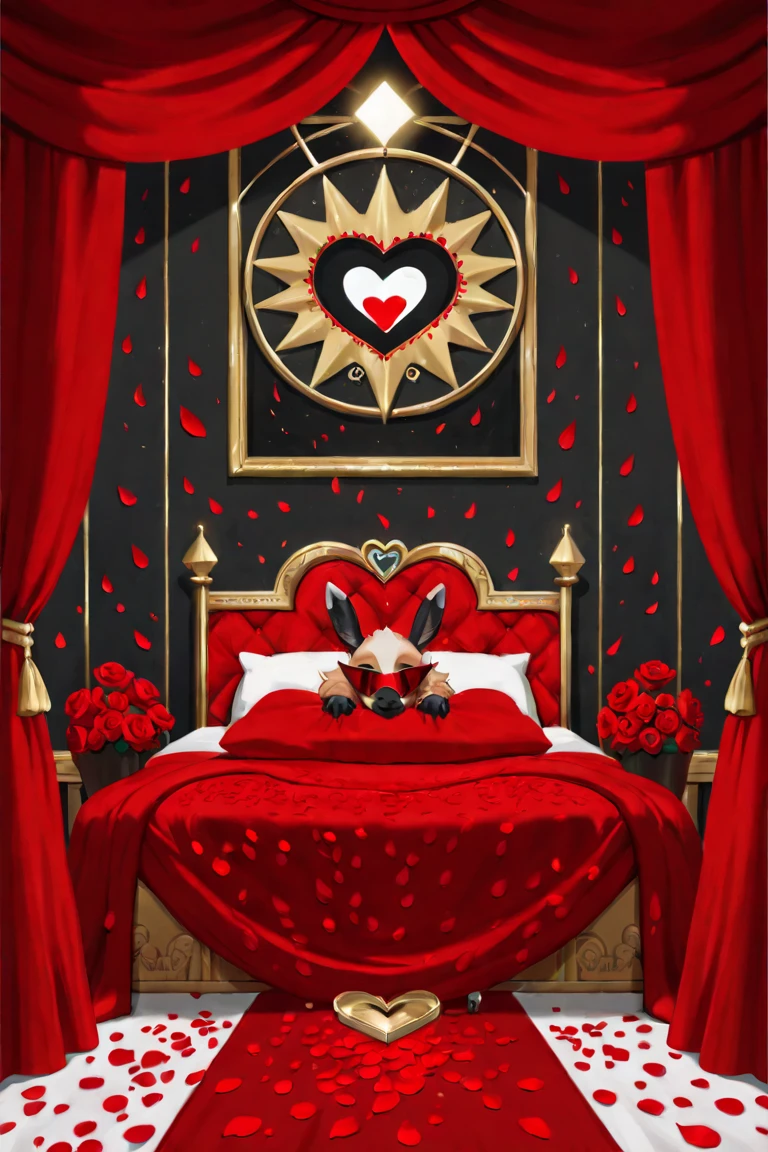 Make me an image of an altar of the holy death and in front of it a pair of voodoo dolls tied in the middle of a heart made with rose petals