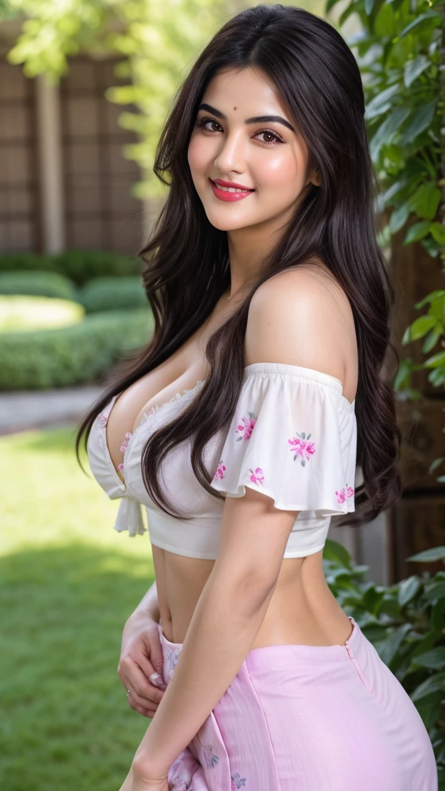Mystical Eyes、Are fat、fat、Fair skin、Mysterious Beauty、sexy、goddess、Large Breasts、Cleavage、smile、smile、Blur the background、alone、Shiny Hair、Provocative face、smile、Plump、Indian、White oversized t-shirt、A skirt with a floral pattern、Pompadour、Has bangs、Bangs fall on the forehead、Anime Style