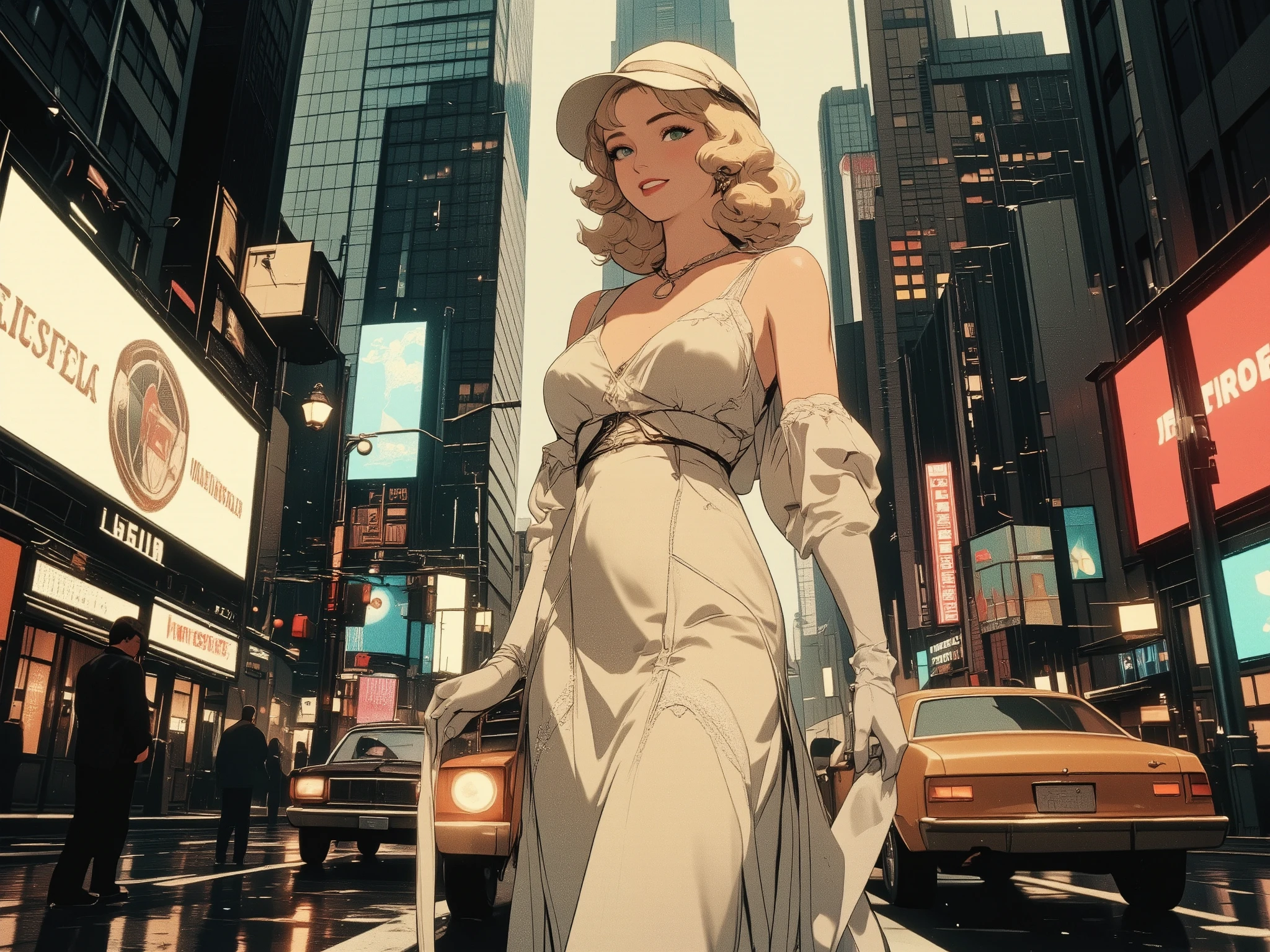 1930s, smiling elegant pinup girl in silk bias-cut midi dress, soft finger waves hairstyle, delicate geometric Art nouveau patterns, long gloves and cloche hat, smirk, high-heels,
eccentric posing on an Art nouveau city hometown with vintage automobiles and signs, soft diffused lighting, (clouded sky, rainy day),
surrounded by flashing digital billboards and vibrant neon lights, evoking the energy of Times Square