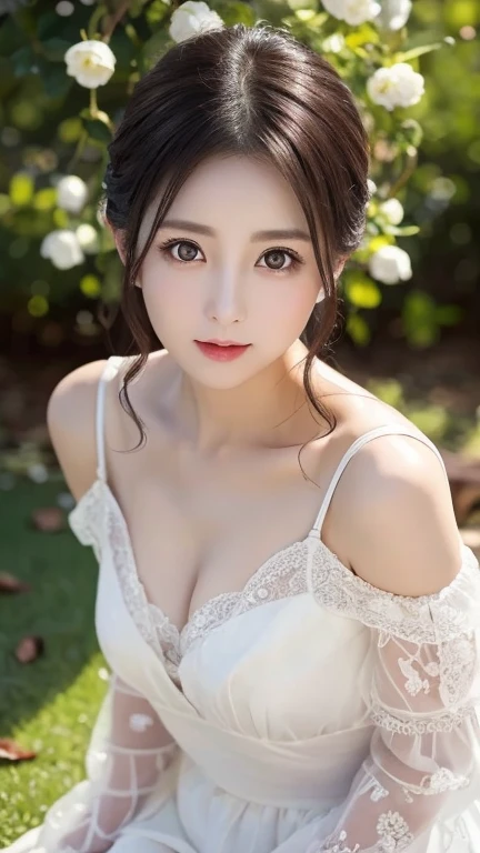Front above selfie view, naked, topless, tits out, nipple, ideal tits, off shoulder deep v bride dress, grass background