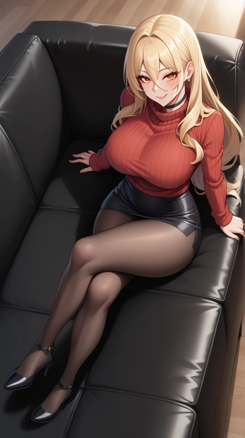 A dark skinned Mature female, she is 185 centimeters tall and weigh over 90 kilograms, she has a red lips and very thick strong thighs, she also got a huge milkers and very big bubbly ass, wearing a long fuzzy red sweater that shapes her hard nipples through its fabrics and a black short skirt that slightly covers her white thin panties, her hair is long smooth and it's blonde, laying down on a medium sized grey couch inside an empty room with only some pictures on the wall, looking forward with a lustful smirk, she is also wearing a long transparent black Thighhighs that covers her two long sexy legs. She is also playing in her crotch area with her fingers lustfully.