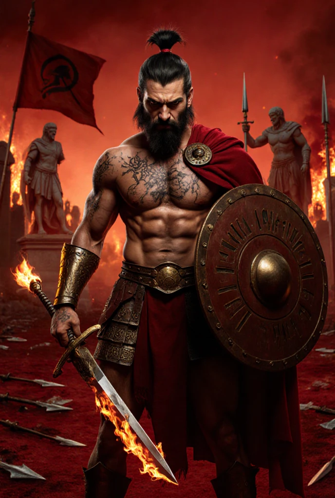 masterpiece, detailed, intricate, epic fantasy, colorful, full body, slight angle, man, 40 years old, hulking, brawny, fitted, ankle wraps, very hairy torso, big strong hands, fine detailed, running, intense action, dynamic juxtaposition, skimpy revealing slavery outfit, receding hairline, smirk, gladiator, with a sword, blades, big ancient city on fire in the background, heavy rain, smoggy, pointing away, depth of field, particle effects, high quality shadows, intense action