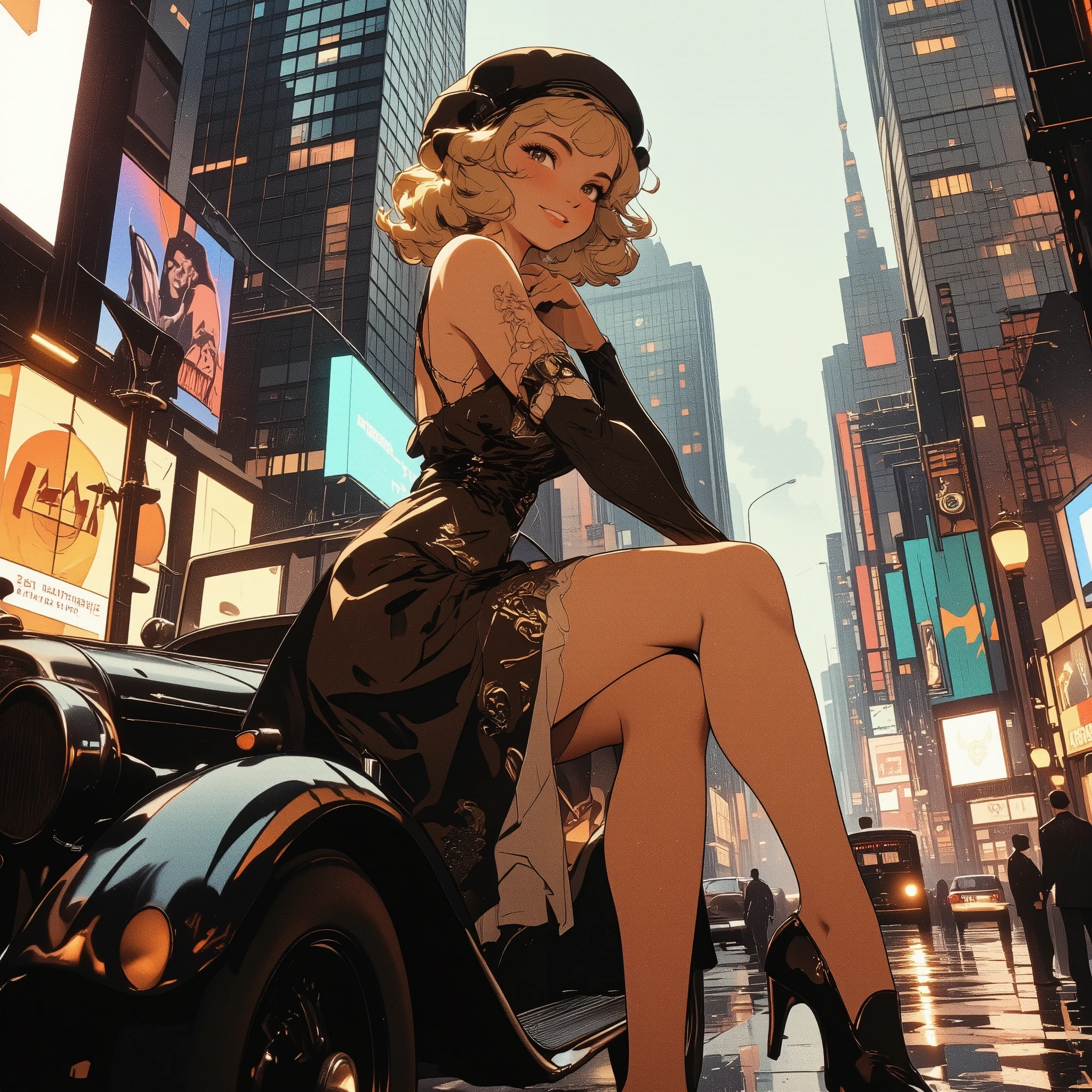 1930s, smiling elegant pinup girl in silk bias-cut midi dress, soft finger waves hairstyle, delicate geometric Art nouveau patterns, long gloves and cloche hat, smirk, high-heels,
eccentric posing on an Art nouveau city hometown with vintage automobiles and signs, soft diffused lighting, (clouded sky, rainy day),
in a bustling futuristic cityscape illuminated by colossal digital signage, echoing Times Square