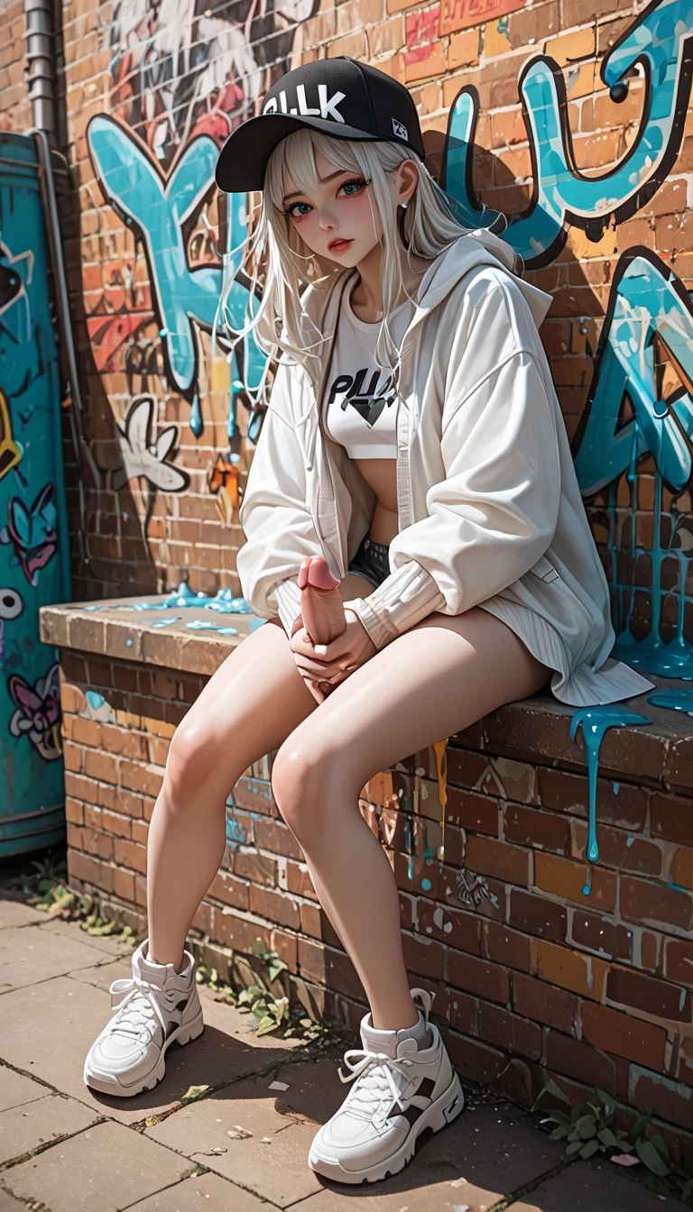 Young 35 year old woman sitting on a baseball bat, ((legs spread open)), (very white skin), (pale skin), (White hair), (soaked body), ((drenched in sweat)), (longye hair), waist length hair, very long hair), (nova), (One arm behind the head) slender figure, ((Scrawny)), weighing 40 kilos, anorexia, (nya), (Looks like a 22 year old woman), ((showing the anus)), ((baseball bat inserted in the ????)), ((???? penetrated by baseball bat)), ((masturbation with baseball bat)), ((???? ruptured by baseball bat)), ((anal penetration)), top Model, (micro breasts), Posed and photographed, ((looking at the camera)), pose legal, graffiti art background, provocative, raunchy, intense contrast, intense sunlight on the body
