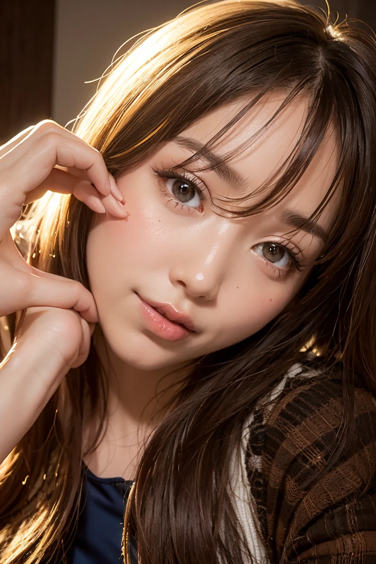 ((Selfie 1.6))、front、Close-up face、Straight hair、｟Looking into the camera｠Brown Hair、With bangs、Highest quality, Masseter region, Ultra-High resolution, (Realistic:1.4), RAW Photos, High resolution, High resolution, masterpiece、30-year-old woman、In the apartment