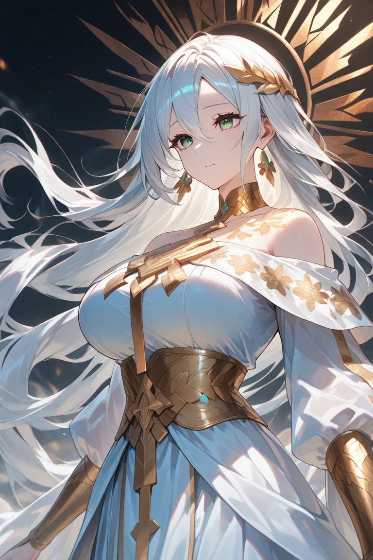 Physical description This character is a woman with an ethereal and imposing appearance. Her long white hair flows around her, creating an almost mystical aura. His golden eyes are piercing and express great intensity and determination. Her outfit is complex and elegant, consisting of several layers of white and black fabrics, accented with gold designs. The dress appears both practical and ceremonial, perhaps indicating a high rank or special role in one's world. Her arms are covered in sleek gauntlets that add a touch of sophistication to her appearance. His entire style suggests a combination of power, grace and mystery.