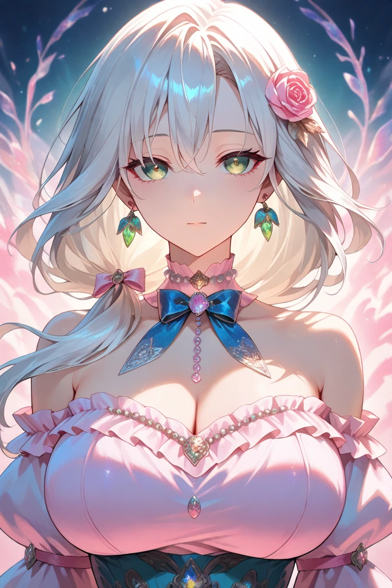 Highly detailed face,Medium chest,pretty girl, bewitching smile,Longing eyes,Cat ear, Beautiful silver hair,Pink inside,Beautiful pink eyes, apron dress