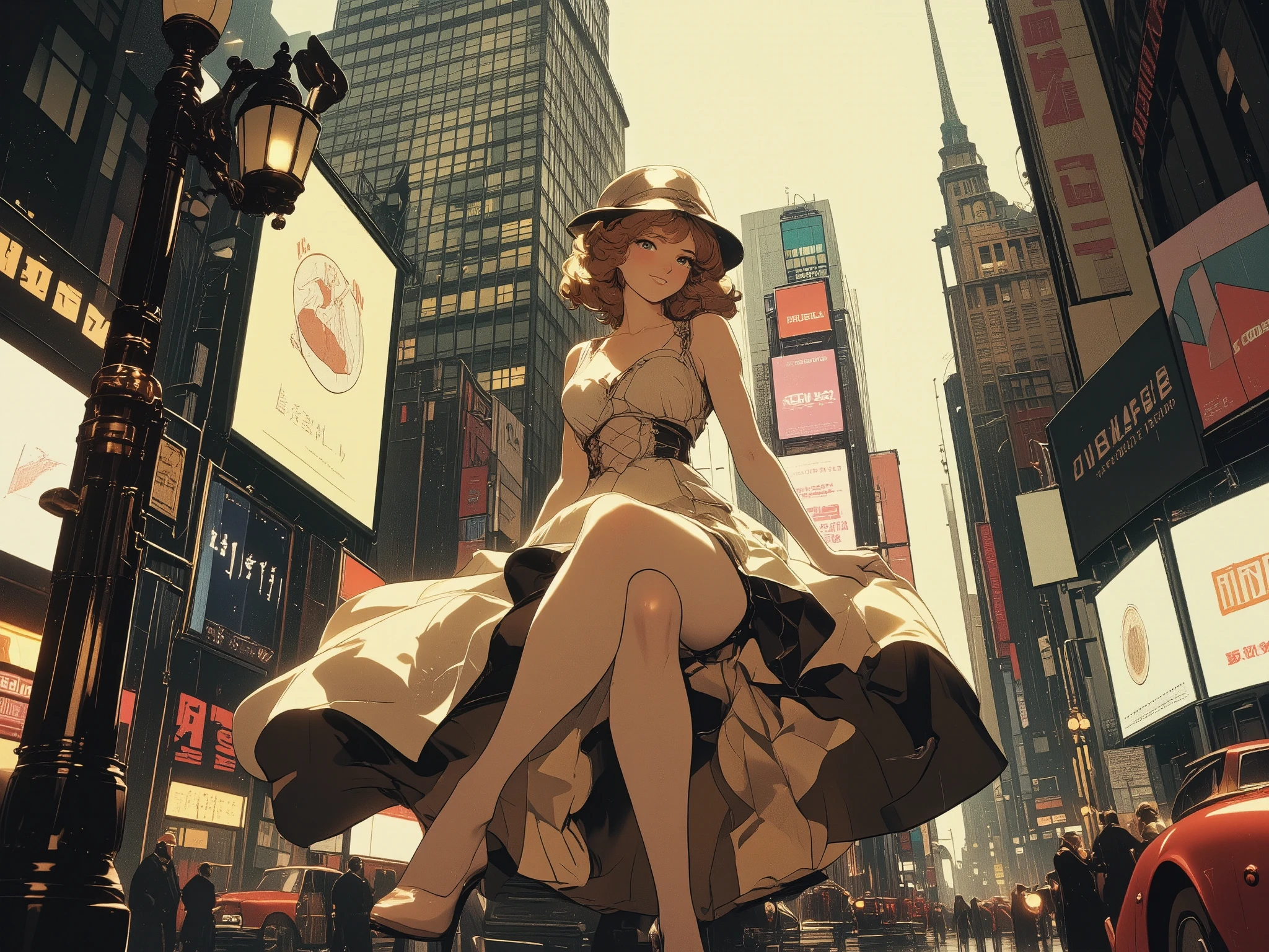 1930s, smiling elegant pinup girl in silk bias-cut midi dress, soft finger waves hairstyle, delicate geometric Art nouveau patterns, long gloves and cloche hat, smirk, high-heels,
eccentric posing on an Art nouveau city hometown with vintage automobiles and signs, soft diffused lighting, (clouded sky, rainy day),
surrounded by flashing digital billboards and vibrant neon lights, evoking the energy of Times Square,
as if she had been mysteriously transported into a futuristic city decades ahead of her time