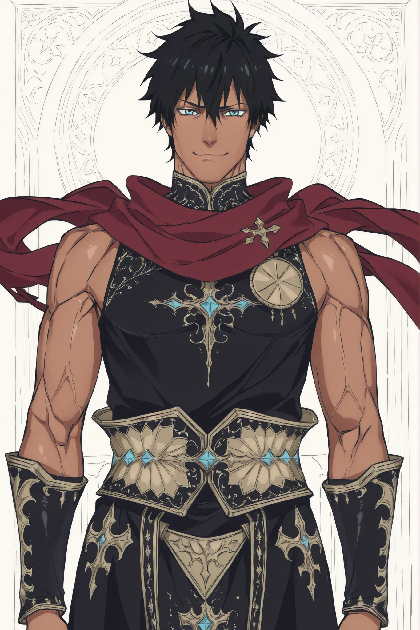 blackcloverxl, ((black and gold armor)), ((fantasy clothing)), ((flowing scarf)), ((sleeveless shirt)), ((dark-skinned male)), ((black hair)), ((anime hairstyle)), ((muscular arms)), ((blue eyes)), ((cheerful expression)), ((mature male)), ((daytime background)), 1boy, beautifully drawn, high resolution illustration, best quality, High definition, ((detailed anime sketch)), Masterpiece, (solo), absurdres, ((cowboy shot)), ((short hair)), detailed background, fine detail, male focus, HDR,