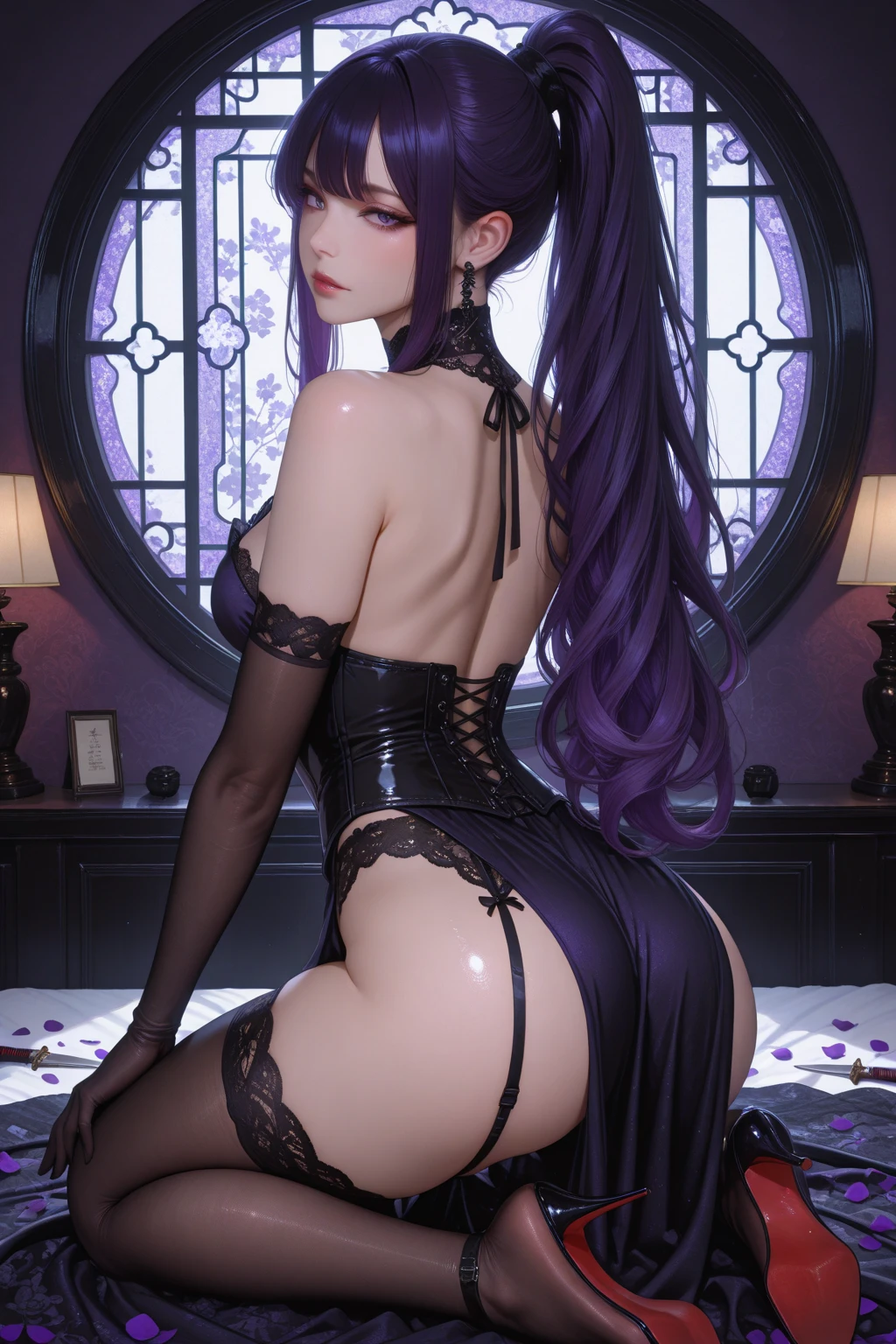 1girl, (angry), purple hair, ((hourglass figure)), black tights, (from below), looking at viewer, ((thick thighs)), ((pussy)), ((lingerie)), ((black lingerie)), ((from behind)), hot ass, ((close up))