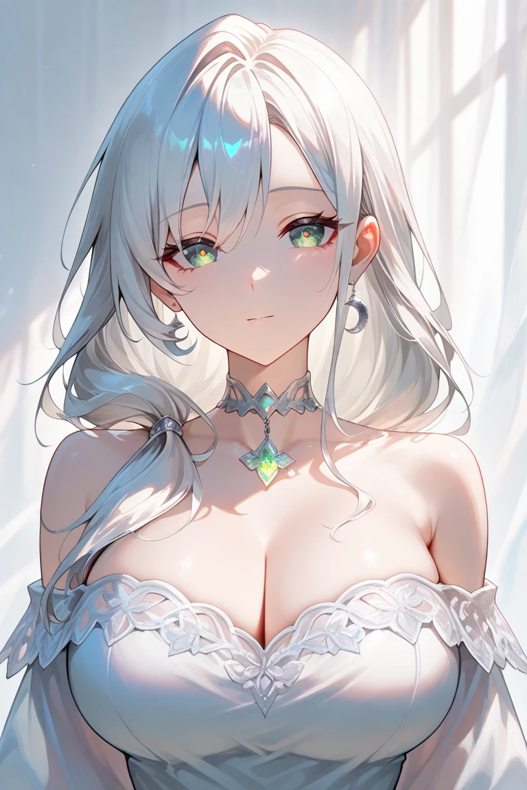 1girl, anime, cute girl, blank background, white background, fantasy, detailed dark fantasy dress with highlights, beautiful face, beautiful eyes, dark colors, silver hair, slightly small breasts, slight cleavage, beautiful skin, cute, breast curtains, extremely delicate and beautiful, (beautiful detailed face:1.0), (detailed deep eyes), symmetrical breasts, deep eyes, shiny skin, portrait, slender waist, hips wider than shoulders, thighs, young girl, expressionless, luminous eyes