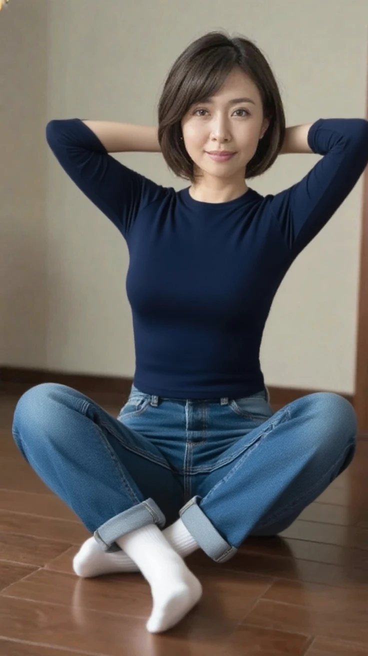 japanese mature, (Solo), 50 years old, (Wrinkles at the corners of the eyes:1.2), Large breasts, A MILF, glamor, A sexy, Chromo-white skin, Looking at Viewer、(Super large udder:1.5)、Wearing a sleeveless turtleneck knit、Tight Fit Knitted Dresses、Muchimuchi、(Super Short Denim Shorts:1.3)、high-heels、ssmile、livingroom、Sitting with legs open、 (Navel exposed:1.3)、Show armpits