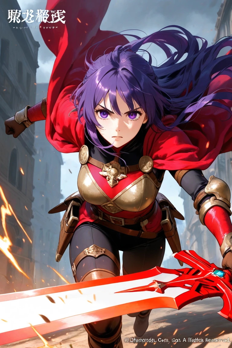 Absurdres, Masterpiece, anime, high quality, HD, best quality, perferct anatomy, simole background, cowboy shot, alone, front view
{{20 years old heroic paladin young woman: (dark purple long spiky hair tied on simple braid with white ribbon, dark purple ahoge, green eyes with black pupils, fair skin, sharp nose, sharp dark purple eyebrows),(white headband), red paladin draconic full steel armor, sharp red shoulder plates, red steel cuirass, red steel belly armor, red steel arm plates, red steel gauntlets, red steel elbow plates, red steel hip armor, red steel long boots),(defiant expression, funny smile, open mouth clenching teeth, comedic cheerful demeanor, ready to fight holding a very long dragon bone white sword),(pale orange sky, sunny day with pale orange sky, white sun in the sky, black stone ruins, rocks and crystal spikes all around)}}
