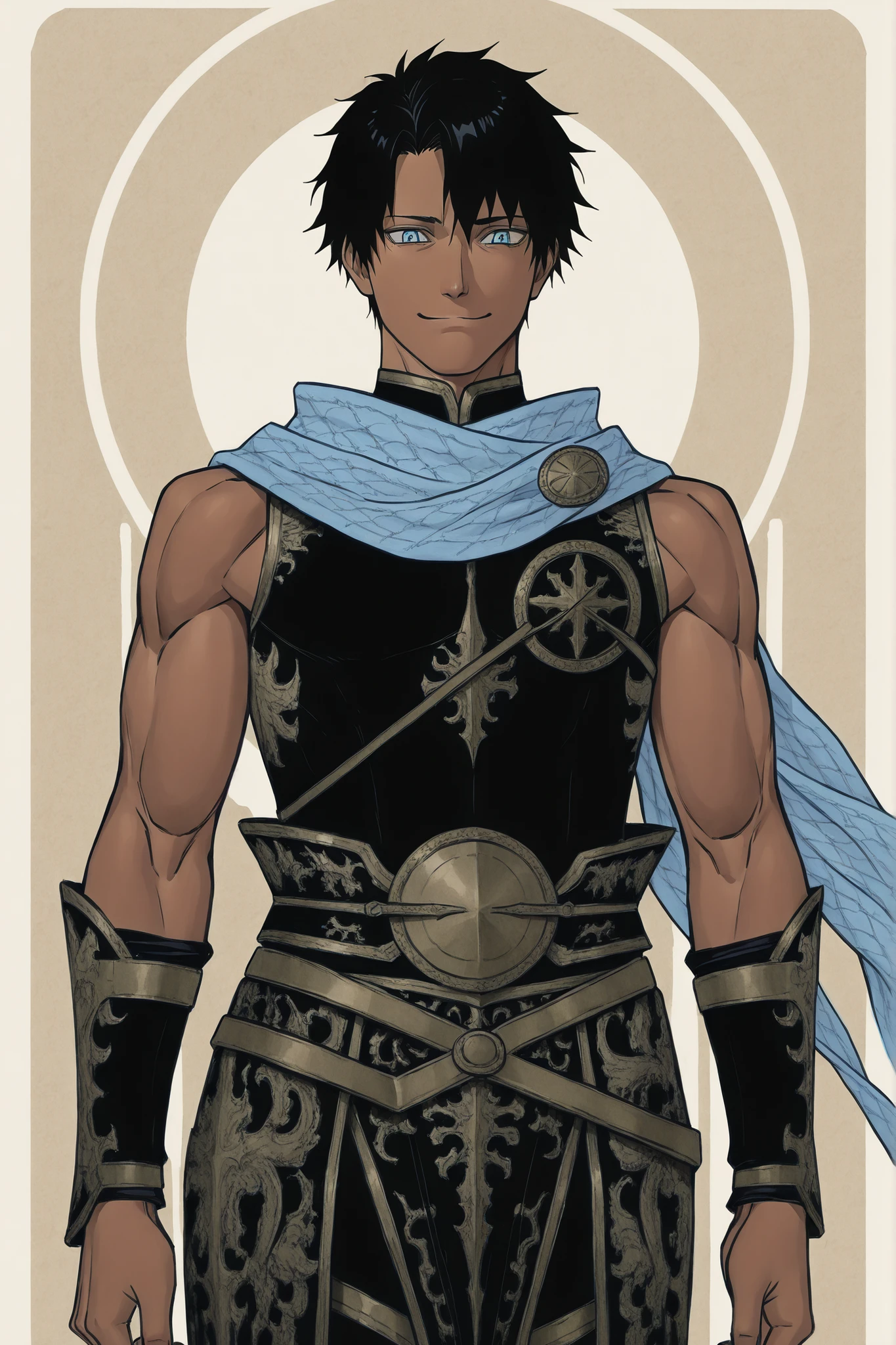 blackcloverxl, ((black and gold armor)), ((fantasy clothing)), ((flowing scarf)), ((sleeveless shirt)), ((dark-skinned male)), ((black hair)), ((anime hairstyle)), ((muscular arms)), ((blue eyes)), ((cheerful expression)), ((mature male)), ((daytime background)), 1boy, beautifully drawn, high resolution illustration, best quality, High definition, ((detailed anime sketch)), Masterpiece, (solo), absurdres, ((cowboy shot)), ((short hair)), detailed background, fine detail, male focus, HDR,