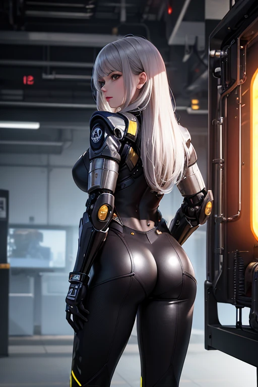 best quality)), ((artwork)), (detailed:1.4) an image of a woman (cyberpunk cyborg), (flowing hair:1.2), gray HAIR, very long HAIR, WALKING IN A FUTURISTIC CITY, rule of thirds,8K Raw, (FULL BODY :1.2), (BIG BREASTS:1.2), (SENSUAL:1.3), (BODYSUIT:1.2), (FROM SIDE:1.3), (BBW:1.3)