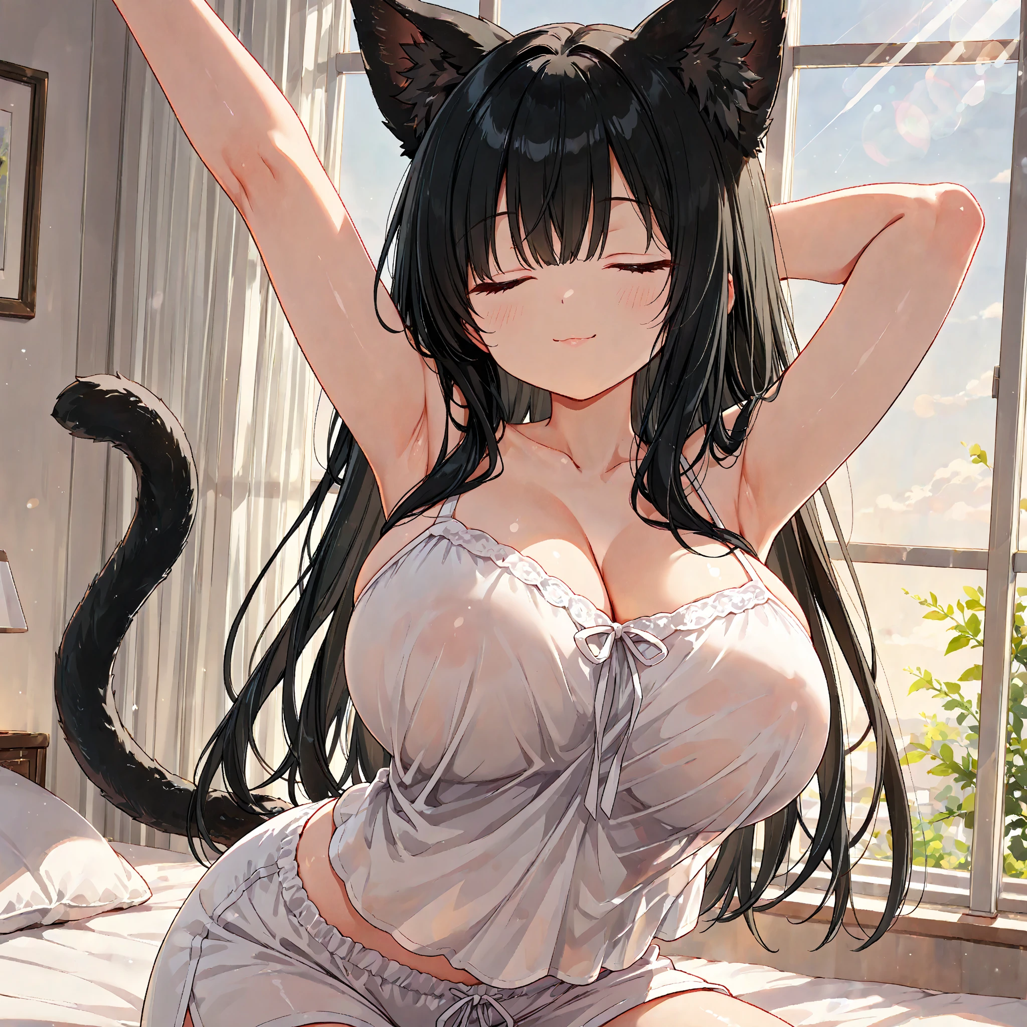 (masterpiece), best quality, expressive eyes, perfect face,1girl,final fantasy xiv,miqo'te,cat ears,cat tail,(heterochormia,yellow eye,blue eye:1.1),pajamas,open shirt,laced lingerie,big breasts,(multicolored hair,black hair,turquiose hair:1.3),long straight hair,[[meadow,night,full moon,starry sky]],cowboy shot,sexy pose,seductive smile,blush,luxury bedroom,lying on side