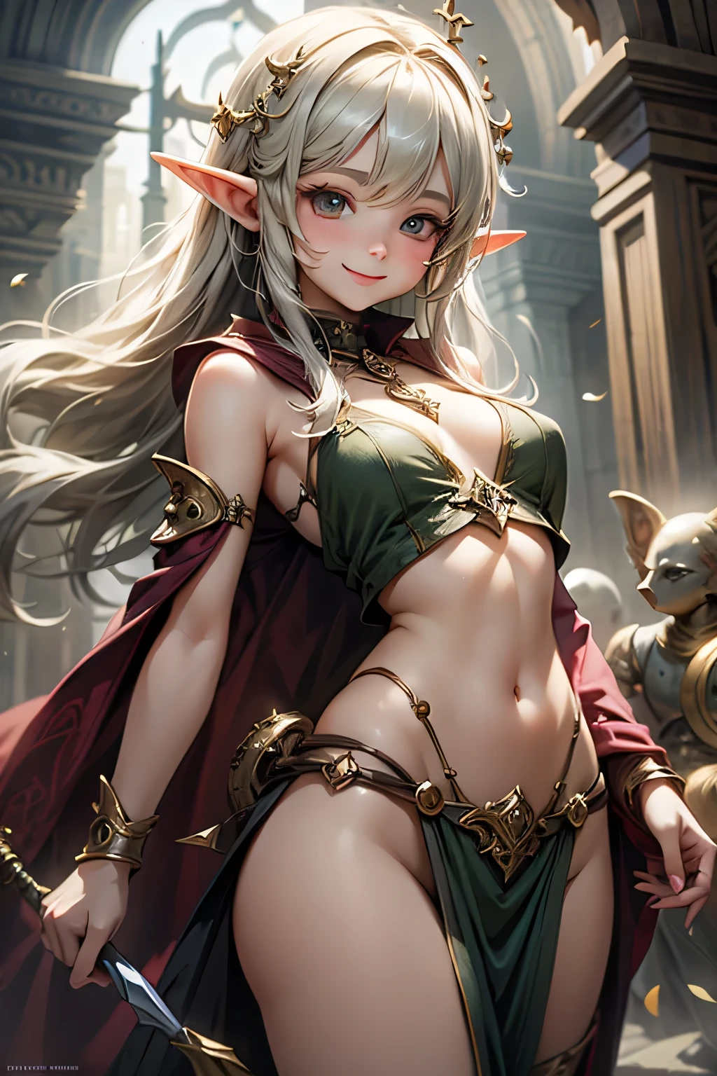 (cave dungeon: 1.4), (giantess:1.5), (2girls:1.7), (muscular:1.2), navel, (underboob closeup: 1.1), (below_view:1.2), panties, smug, >:D, elfgirl, elf, brown_skinned, minigirl on a (cliff from above: 1.3), minigirl standing on a platform, (minigirl:1.3), (cliff with crowds of people from above: 1.8), (crowds of armies from above: 1.7), (rear_end closeup: 1.5), cliff, hill, tiny breasts, naked, bra, navel, , , (pussy:1.2), pussy juice, (1girl:1.5),