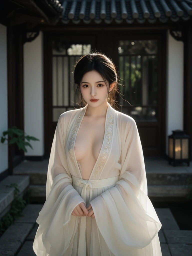 A beautiful woman,alone,Full breasts,Wearing a white silk dress