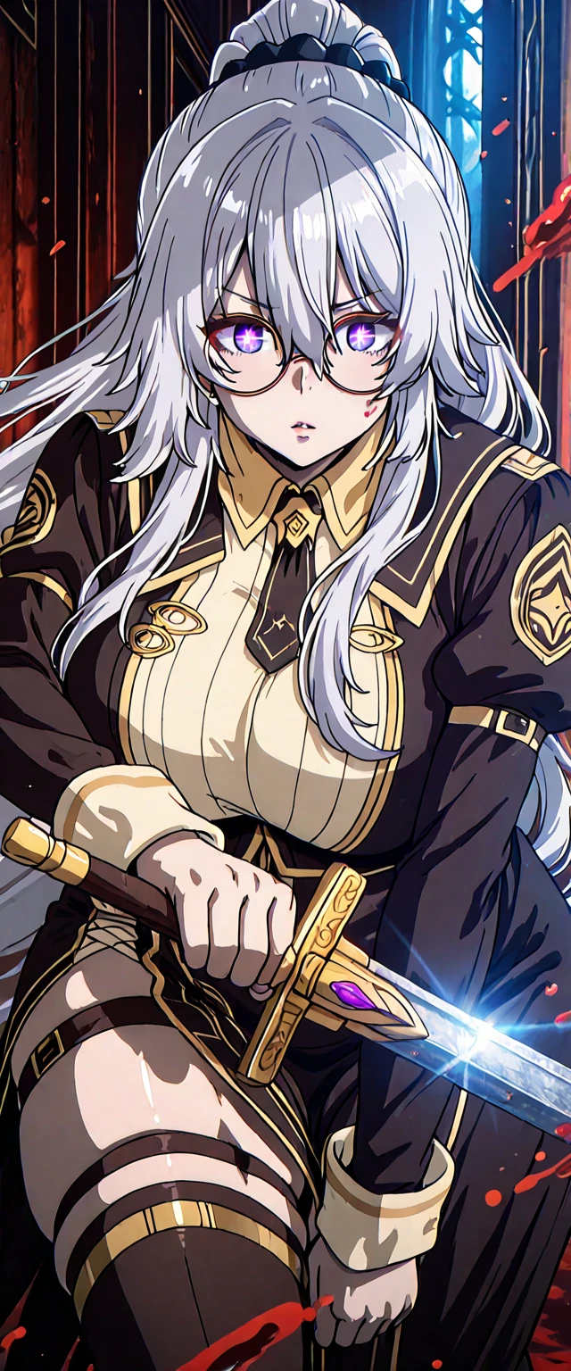 (takeda_hiromitsu-style:1.4), (zonda_(solid_air)-style:1.2), (kinohara_kossuta-style:1.4), (osiimi-style:1.2), ((anatomical correct)), ((Cinematic, unreal engine, eye-catching, ambient occlusion, UHD, masterpiece)), ((perfect lighting, soft shadow)), perfect body, perfect eyes, perfect fingers, gasping, heavy breathing, gasping profusely, (()), ((curvy)), KiaKaBum, kiana kaslana, silver hair, high ponytail, hair ornament, Tiara, long hair, star-shaped eyes, purple eyes, athletic body, (voluptuous:1.5), (mature female:1.5), ((vignetting)), ((round_eyewear)), sword, 1girl, hat, holding_sword, solo, long_sleeves, blood, dusty, fantasy art,