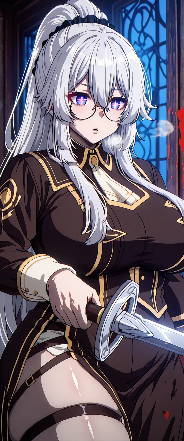 (takeda_hiromitsu-style:1.4), (zonda_(solid_air)-style:1.2), (kinohara_kossuta-style:1.4), (osiimi-style:1.2), ((anatomical correct)), ((Cinematic, unreal engine, eye-catching, ambient occlusion, UHD, masterpiece)), ((perfect lighting, soft shadow)), perfect body, perfect eyes, perfect fingers, gasping, heavy breathing, gasping profusely, (()), ((curvy)), KiaKaBum, kiana kaslana, silver hair, high ponytail, hair ornament, Tiara, long hair, star-shaped eyes, purple eyes, athletic body, (voluptuous:1.5), (mature female:1.5), ((vignetting)), ((round_eyewear)), sword, 1girl, hat, holding_sword, solo, long_sleeves, blood, dusty, fantasy art,