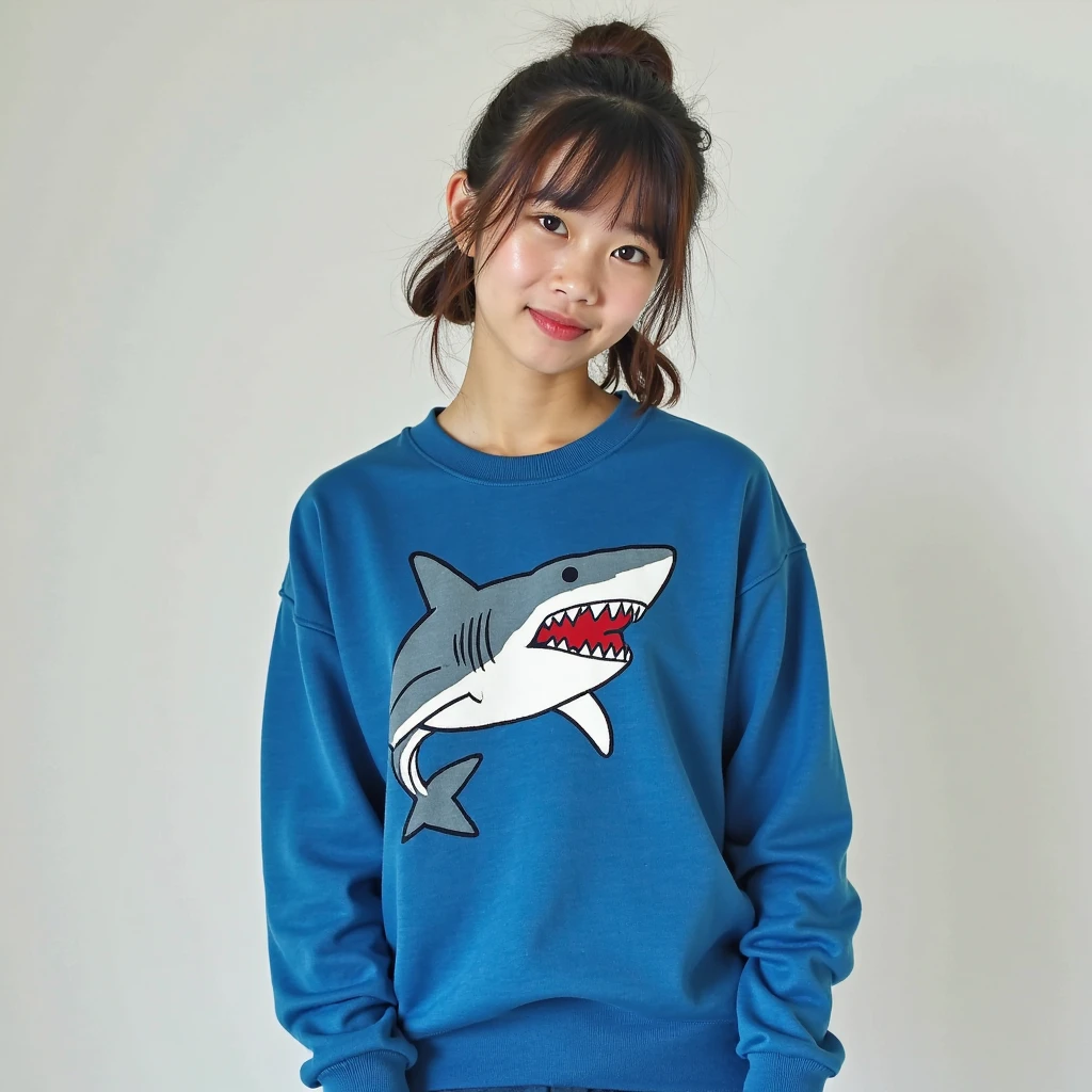 Two blue t-shirts with a drawing of a pretty and cute shark on the front of the t-shirt