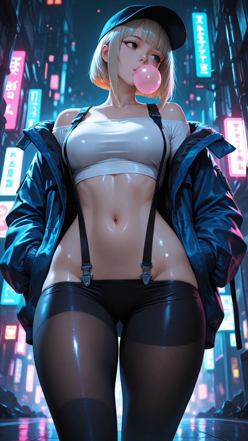 Tracer wearing v-neck top(highlight on the cleavage) and shorts, open fly with exposed panties masterpiece, realistic, dressed in magician wear, sultry body with sexy belly, seductive modern dark city, seductive, stylish girl, glamorous, detailed navel piercing, heart womb tattoo, high res, good lighting, translucent jacket