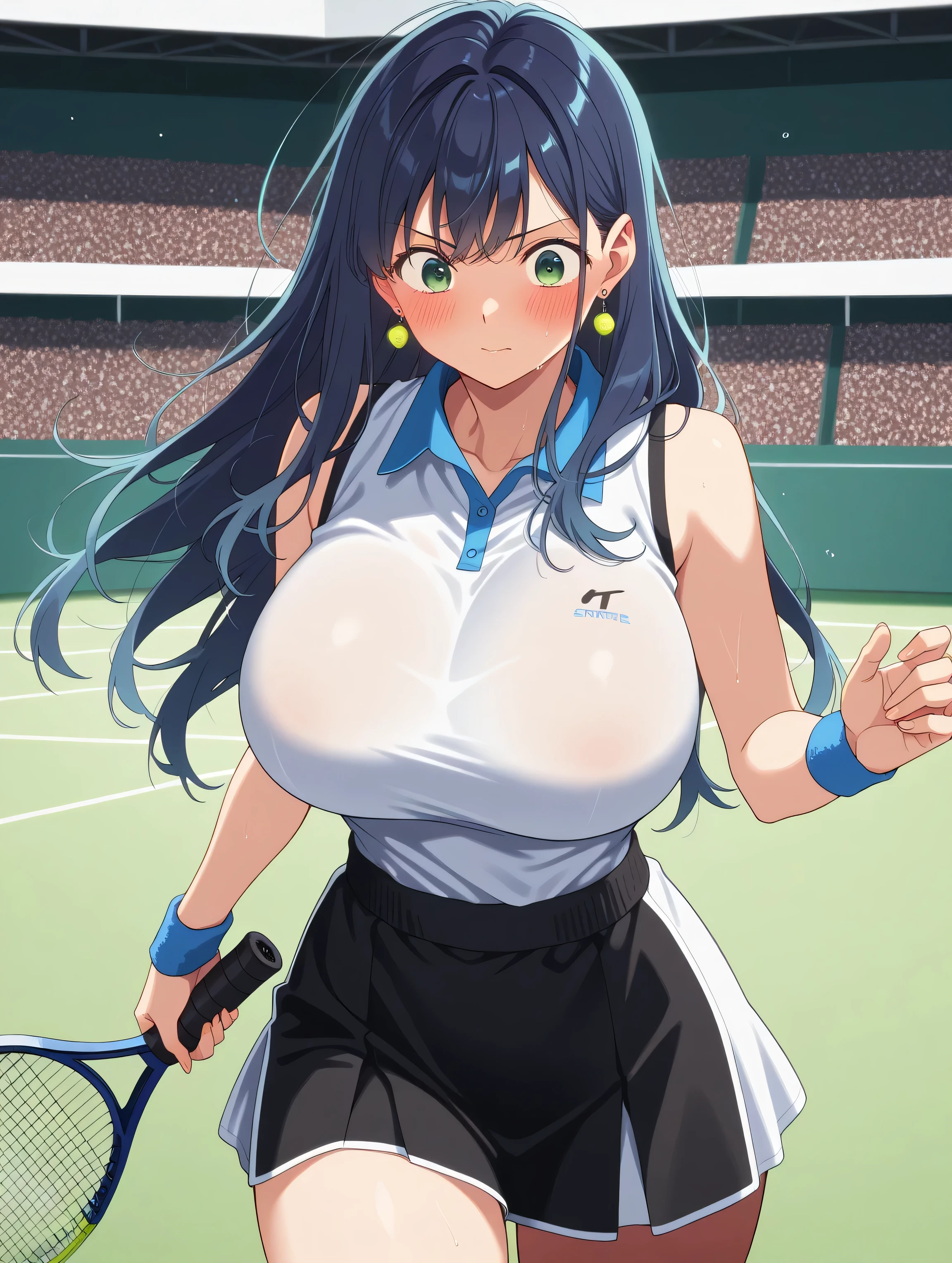 1girll, 独奏, White polo shirt, White sneakers, tennis wear, white mini-skirt, tmasterpiece, Best quality at best, realisticlying, ultra - detailed, (shiny skins, perspired:1.4), absurderes, looking at viewert, cabelos preto e longos, with brown eye,slenderness,Dynamic light and shadow,A high resolution,Sharp focus,depth of fields,The eyes are delicate,Sharp pupils,pupil realistic,(huge tit:1.6),(Thigh thick:1.0),exteriors,White skin