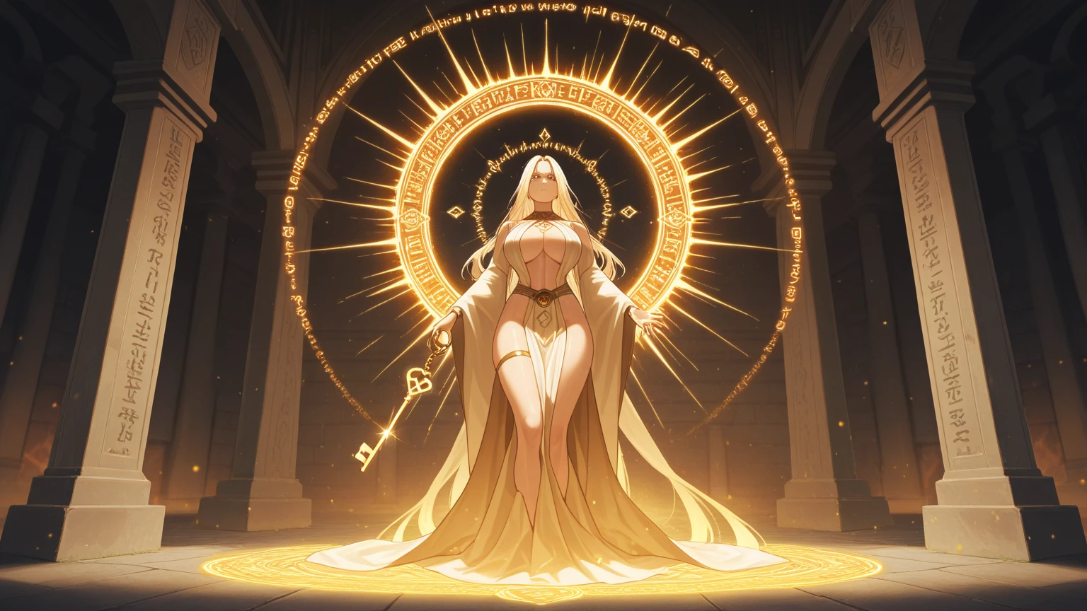 豪華な衣装を着たアニメのgoddessがポーズをとっている,((masterpiece, Highest quality, Very detailedCG, unity 8k wallpaper )),Official Art,Very detailed,(Fractal Art:1.3),colorful,Most detailed, Fantasy art, ((Beautiful Fantasy Empress)), 8K high quality, detailed art, Very luxurious,gem, (((goddess))), (((古代の衣装を着たgoddess))),Glowing Skin,Provocative face,Perfect Face,Blonde,,Temple Background,High resolution decoration,Wearing lavish ornaments,embroidery,Halo,50 years old,Magical Patterns,月のgoddess,Beautiful Celestial Magician