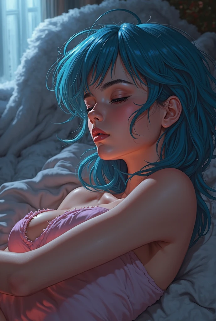 ((tanned adult woman), (( short purple hair, blue colored eyes)), (( perfectbody, perfect shaped breasts, hardnipples )),slender, smile cute, ((lying on her bed, stretching sensually, white t-shirt showing one shoulder )) , red lipgloss stick, (( lying on her bed, a hand massages a breast, the other hand massages her tight pussy, Aerial view))  Masterpiece artwork, high qualiy, rear lighting ))