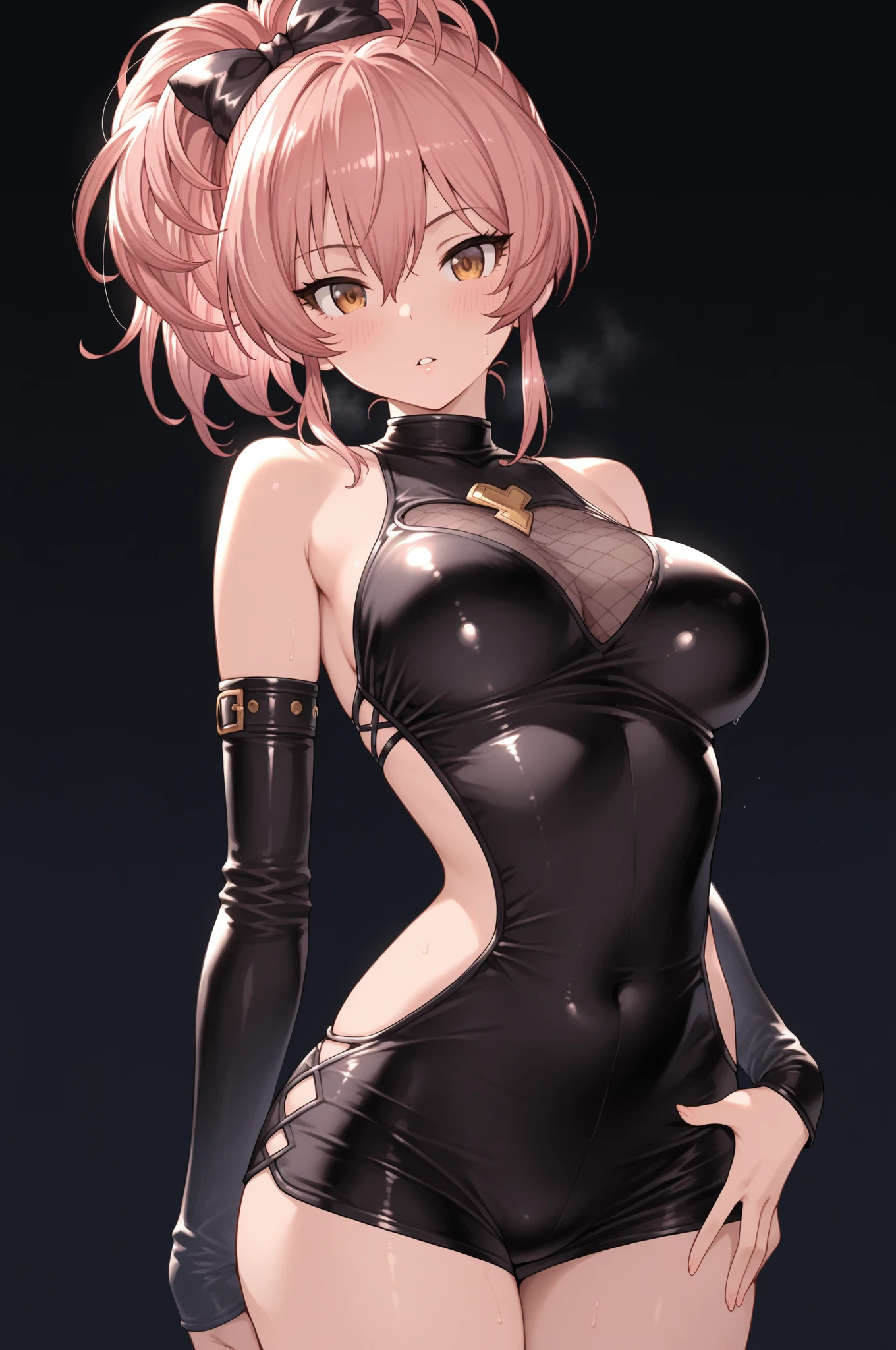 (NSFW), ((Metallic costume:1.5)), ((Anatomically correct hand:1.5)), Anime, Sexy, ((In Kyoto Animation Style:1.5)), super precision, ​masterpiece, very extremely beautiful, Princess Face, ((1人の女性)), ((Solo:1.5)), ((Pink hair:1.5)), ((BobKat 1.5)), BREAK, ((Black eyes)), short-cut, ((Straight hair)), BREAK, Full limbs, ((complete fingers:1.5)), ((Luxuriously decorated glittering dress:1.5)), BREAK, ((Skindentation)), Professional Lighting, (25-years old), Narrow waist, Shiny skin ((Brown skin:1.5)), ((Oiled skin)), glistning skin, Looking at Viewer, Cowboy Shot, ((Dynamic Pose:1.5)), Looking at the camera, inside in room, Sexy, A slight smil, Slightly open mouth, ((Arms behind your back:1.5)), Ultra-fine eyes, Ultra-fine face, ((thin lips:1.5)), Sexy, ((drooping eyes)), A slight smil, Sexy, ((portlate:1.5)), faces, Sexy, Looking at the camera, Sexy, , Colossal tits,