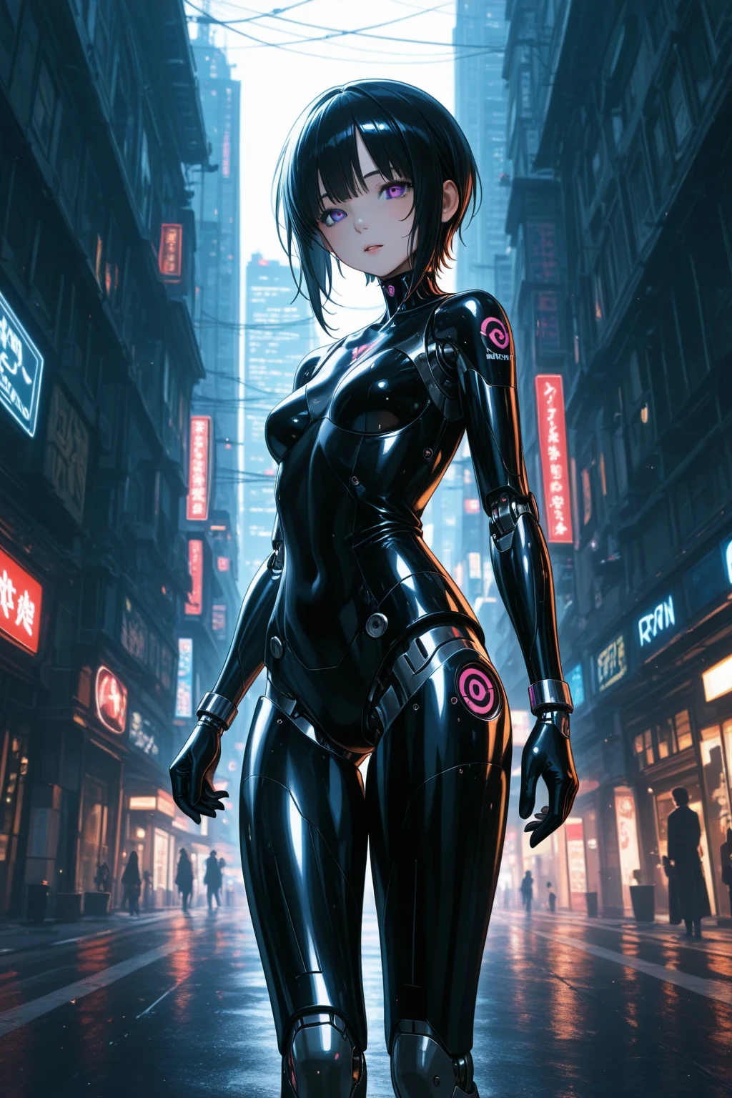 masterpiece, best quality, Japanese Manga, 《The City of the Killing》, Megumi Kishimoto, Solitary, short hair, medium breast, Cyberpunk black combat tights, looking at the audience, Thigh gap, 