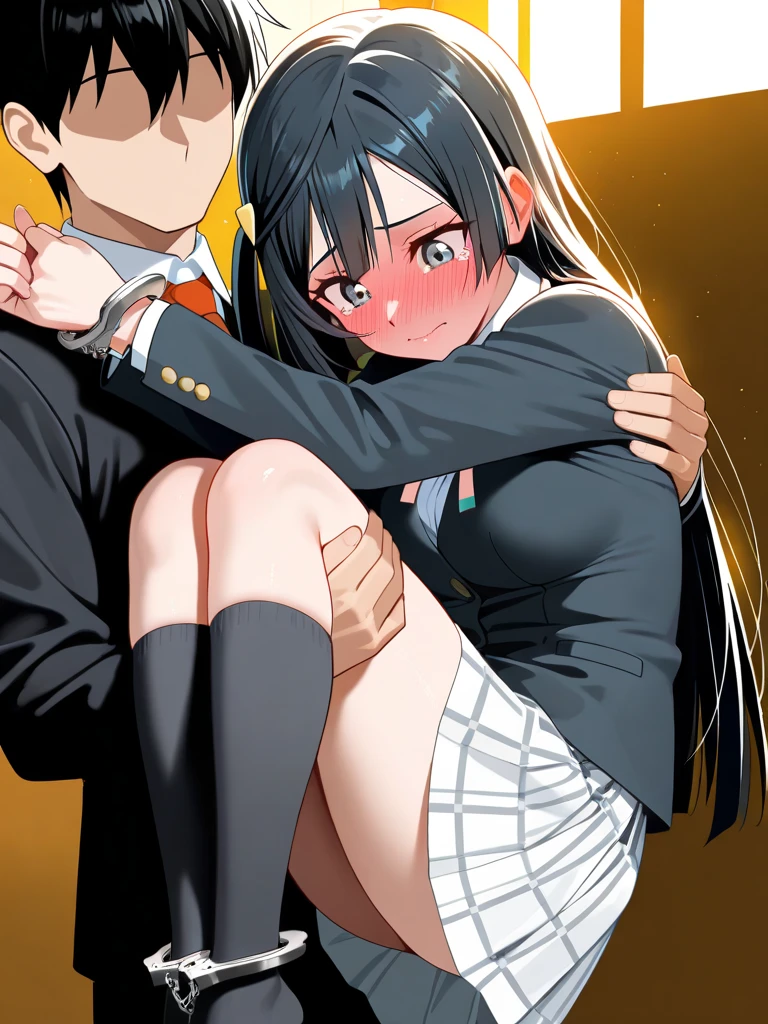 (((masterpiece, Highest quality:1.5,absurdres))),fellatio,penis,irrumatio,25 year old beauty,solo,((very small head:1.3)),long hair,bangs,(dark blue hair),dark blue eyes,gorgeous eyes,shy,tears,tongue、drooling,medium breasts,((very long body:1.3)),((toned body,slender body)),skinny,((tan skin:1.5)),gleaming skin,shiny skin,sweat,(cum on face,),(White tank top、Yellow pleated mini skirt、Love juice),barefoot、arms up,kneeling,spread legs,on street,Back Alley、New York City、