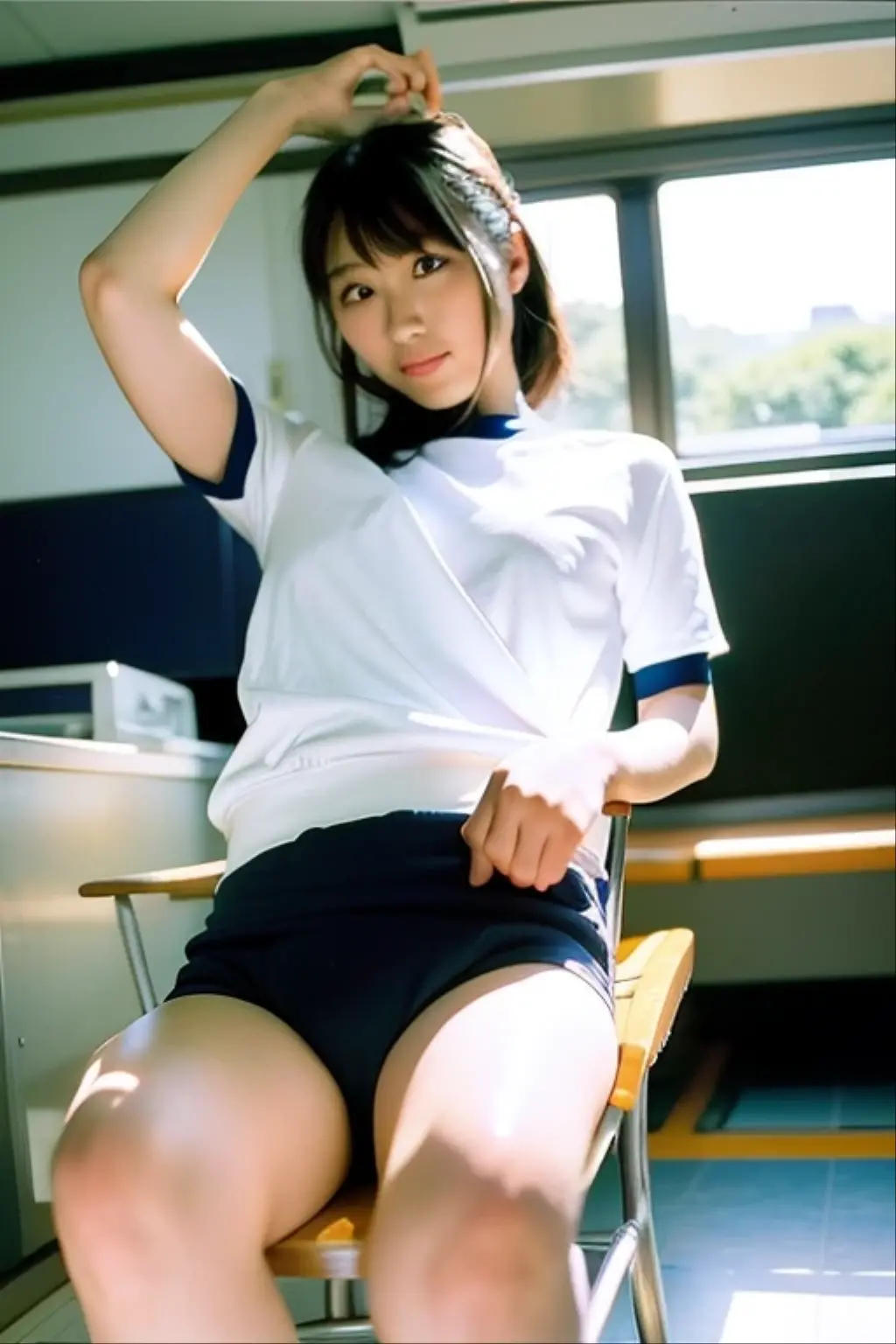 Japanese、high school student、Beauty、Facing forward、Kind eyes、Smiling Kindly、He is wearing a long navy blue short-sleeved polo shirt、She is wearing a tight grey itting in a chair、Hands outstretched、((Her white underwear is visible between her skirt and legs.))、(Wearing white panties)、She is facing the camera with both knees together.、