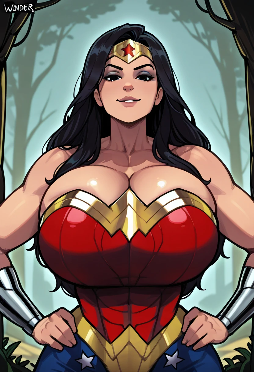 (masterpiece), best quality, expressive eyes, perfect face, black ebony skin, jungle background, busty girl,, wonder woman costume, upper body, perfect shaped body, long hair, beautiful soft skin, black hair, beautisul sexy eyes, massive sized breast, black skin, ultra realistic detailed orange eyes, deep cleavage, erotic, exotic figure, lusty, bold expression, busty, chubby figure, long and open hair, big smile, looking at camera, innocent eyes, innocent face, cute anime girl face, black skin anime girl, bright smile on her face, thigh legs, wonder woman cosplay